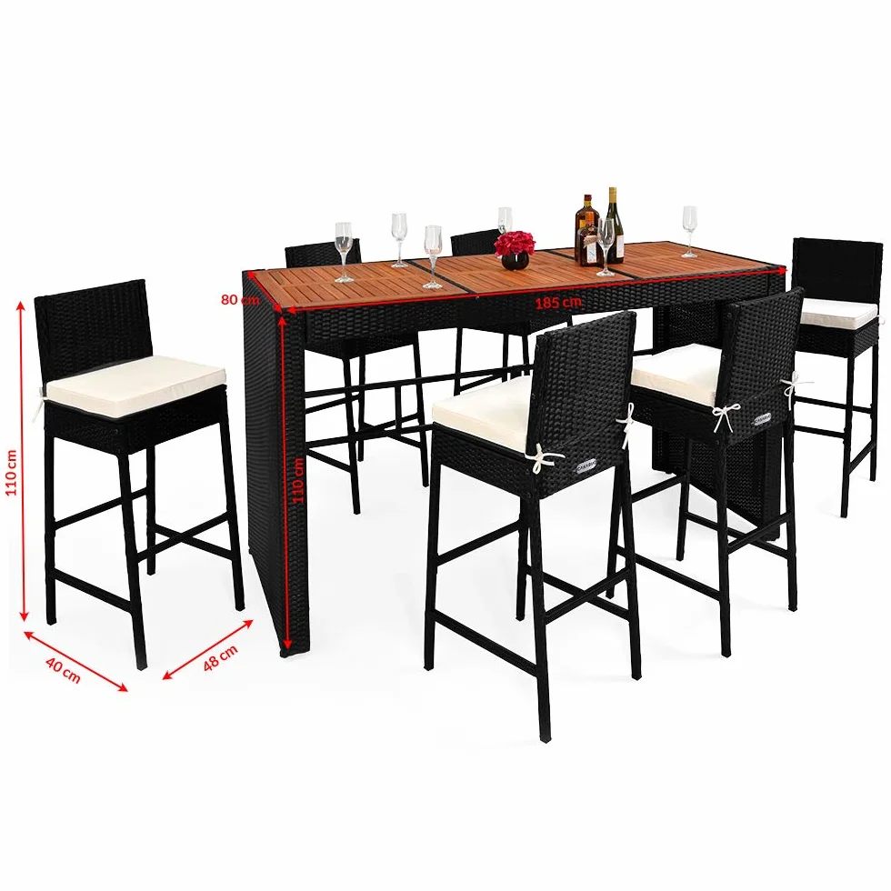 CASARIA Set de Mesa Alta y 6 Taburetes de Bar con Cojines de Asiento de Madera de Acacia Poliratán Negro Muebles de jardín