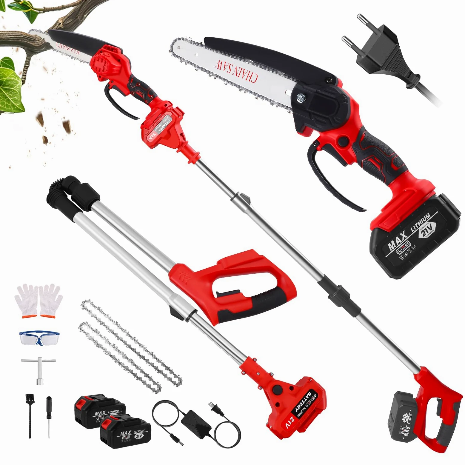 Minimotosierra de Batería 2-en-1, Podadora Eléctrica Batería 8 Pulgadas con Pértiga Plegable 180cm, Sierra Eléctrica Podar Arboles 2x2000mAh, Podadora de Altura para Jardín y Poda de Árboles