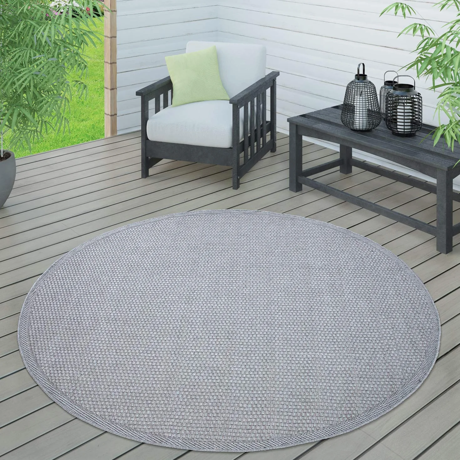 Paco Home Alfombra Interior Exterior Terraza Balcón Intemperie Lisa Estructura, tamaño:Ø 200 cm Redon, Color:Gris