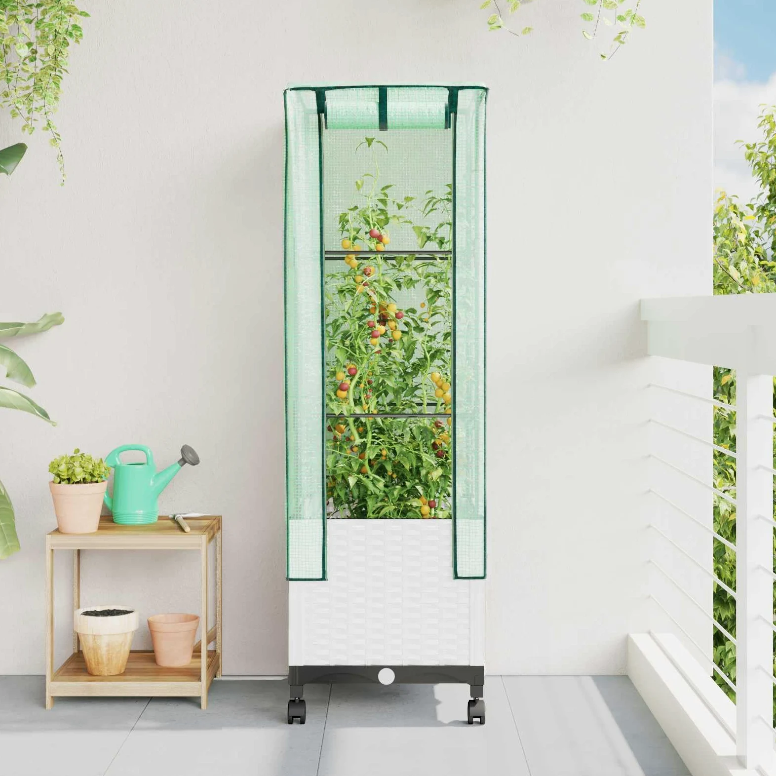 Macetero móvil con cubierta de invernadero, color blanco, PP, 40 x 40 x 145 cm | Cama elevada con aspecto de ratán para patio y jardín, incluye cubierta y prácticas para el suelo.