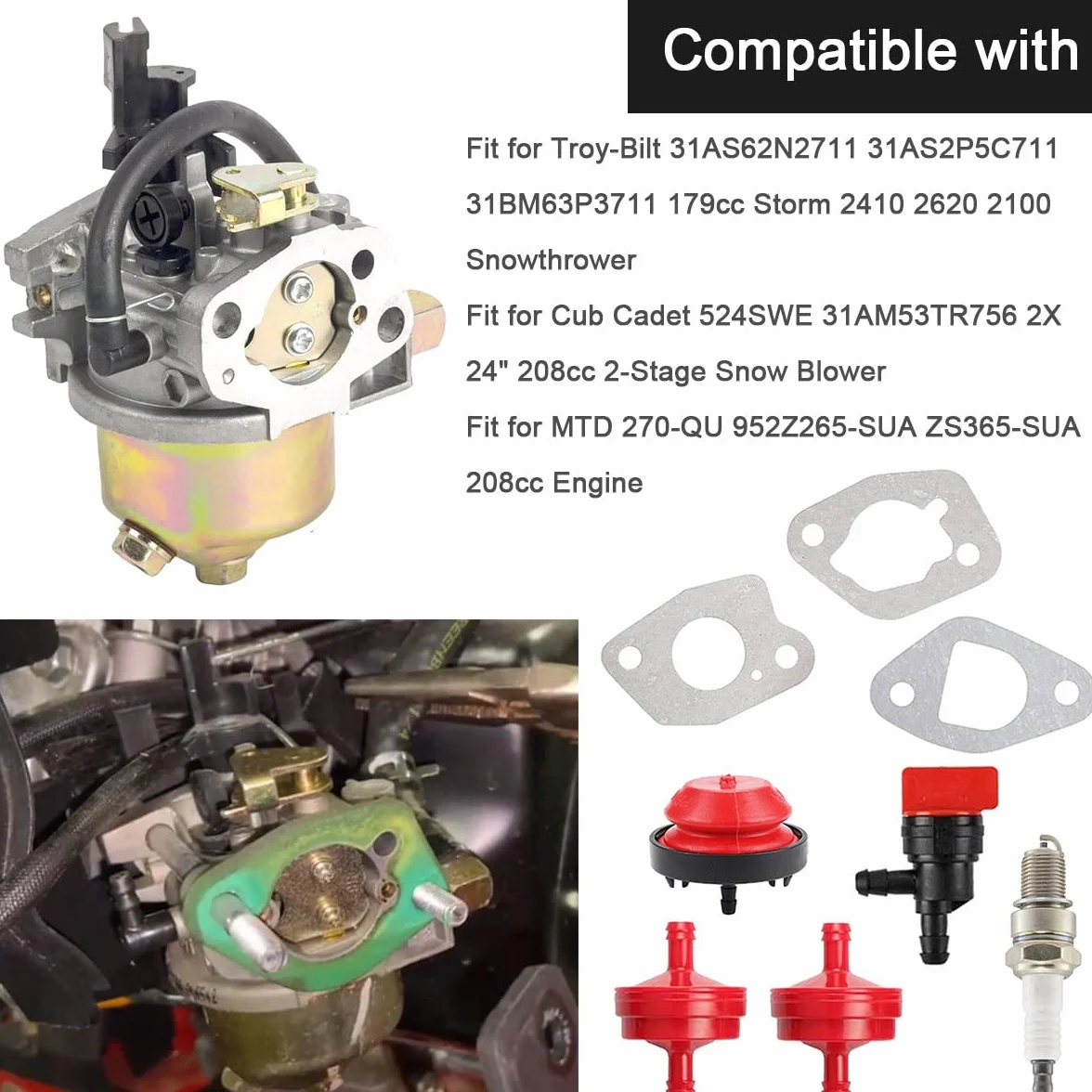 ZAMDOE Carburador 951-12705 para Troy-Bilt Storm 2410 2620 2100 soplador de Nieve, para Motor MTD 270-QU 952Z265-SUA ZS365-SUA, reemplaza a HUAYI 165S 165SA para carburador Stens 520-862