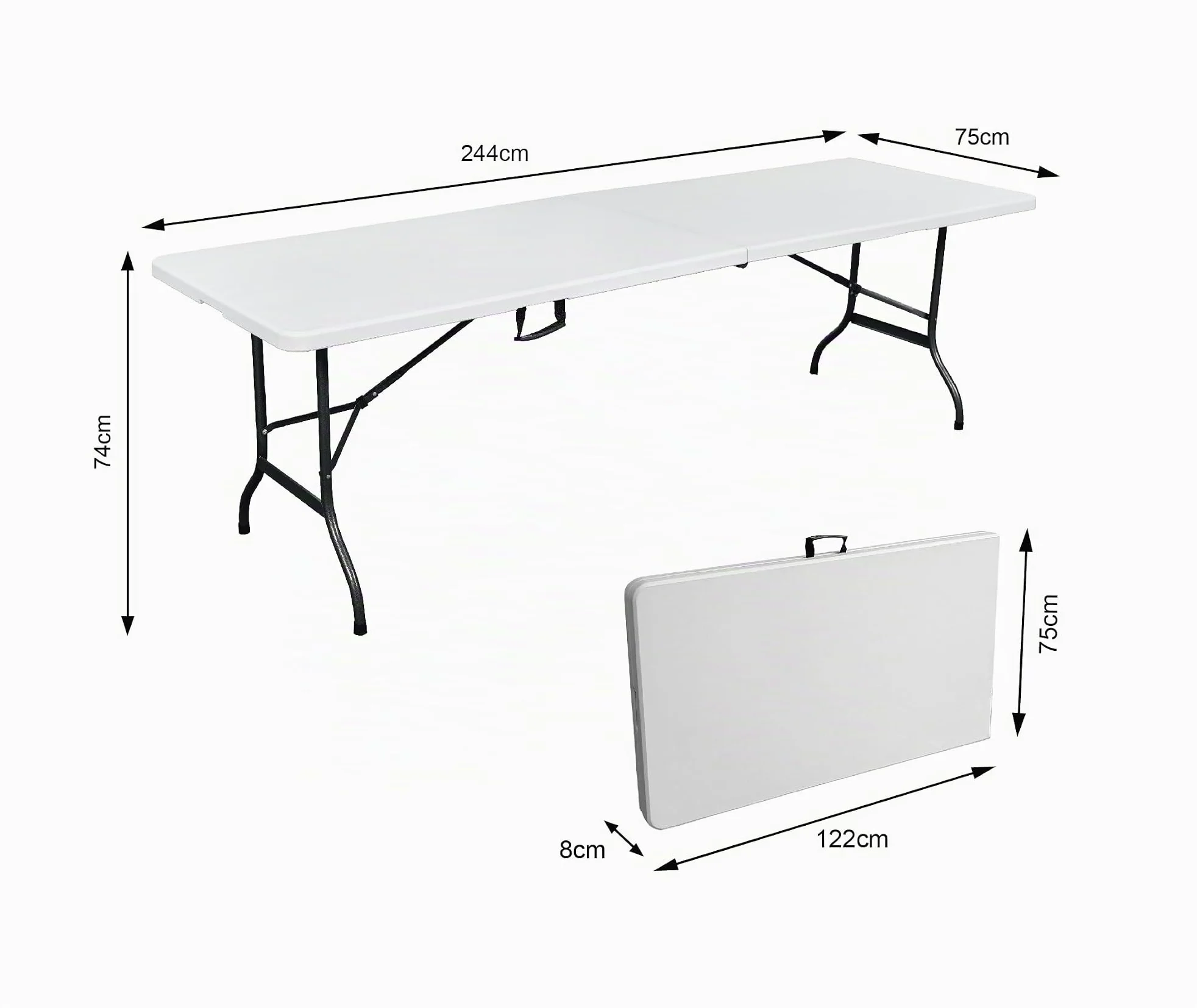 METRO Professional Mesa de Banquete Plegable, 243 x 75 x 73 cm, Tablero HDPE Blanco, Estructura de Acero, Capacidad 200 kg