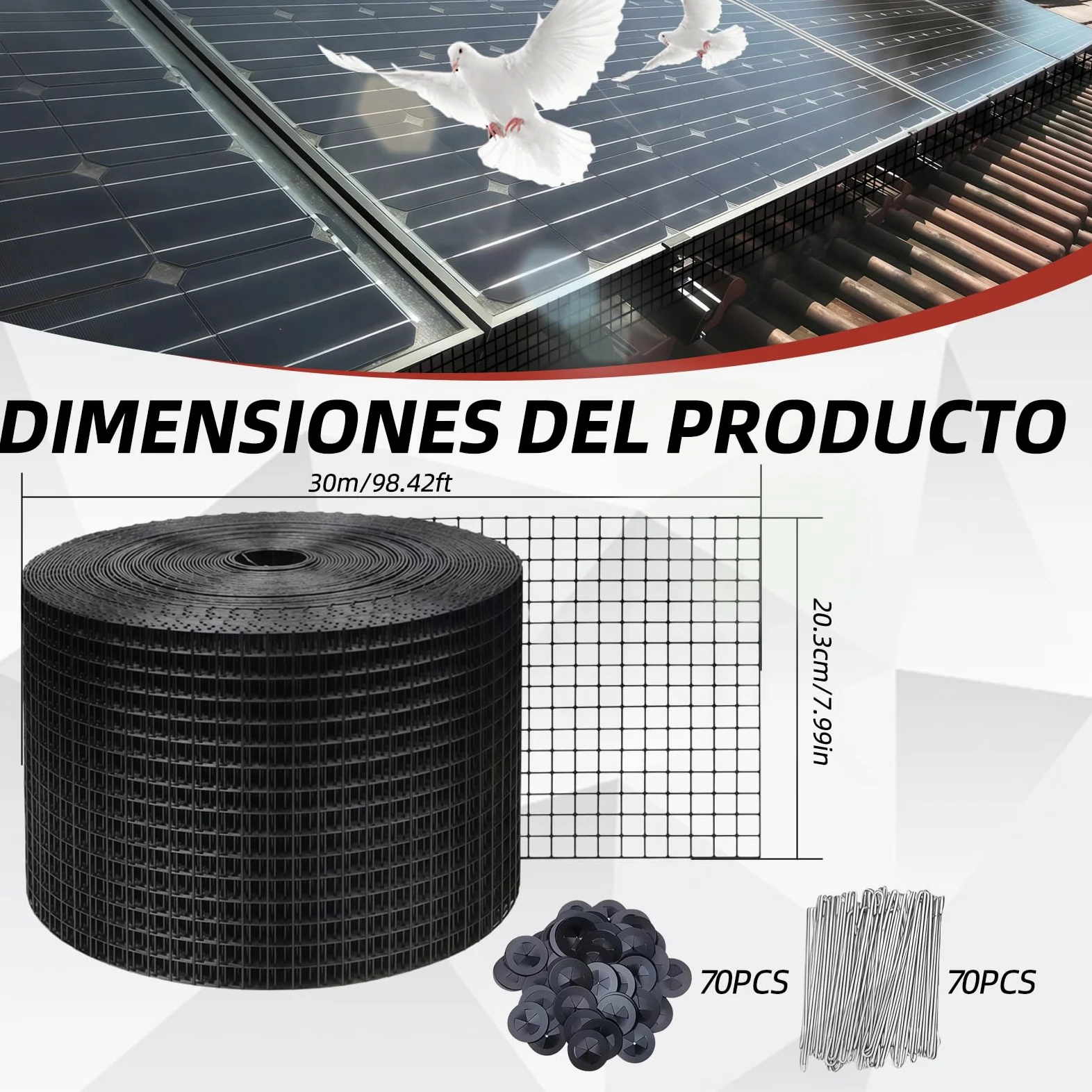Red de protección contra pájaros para paneles solares, 30 m x 20 cm, revestimiento de PVC, inoxidable, incluye 100 bridas