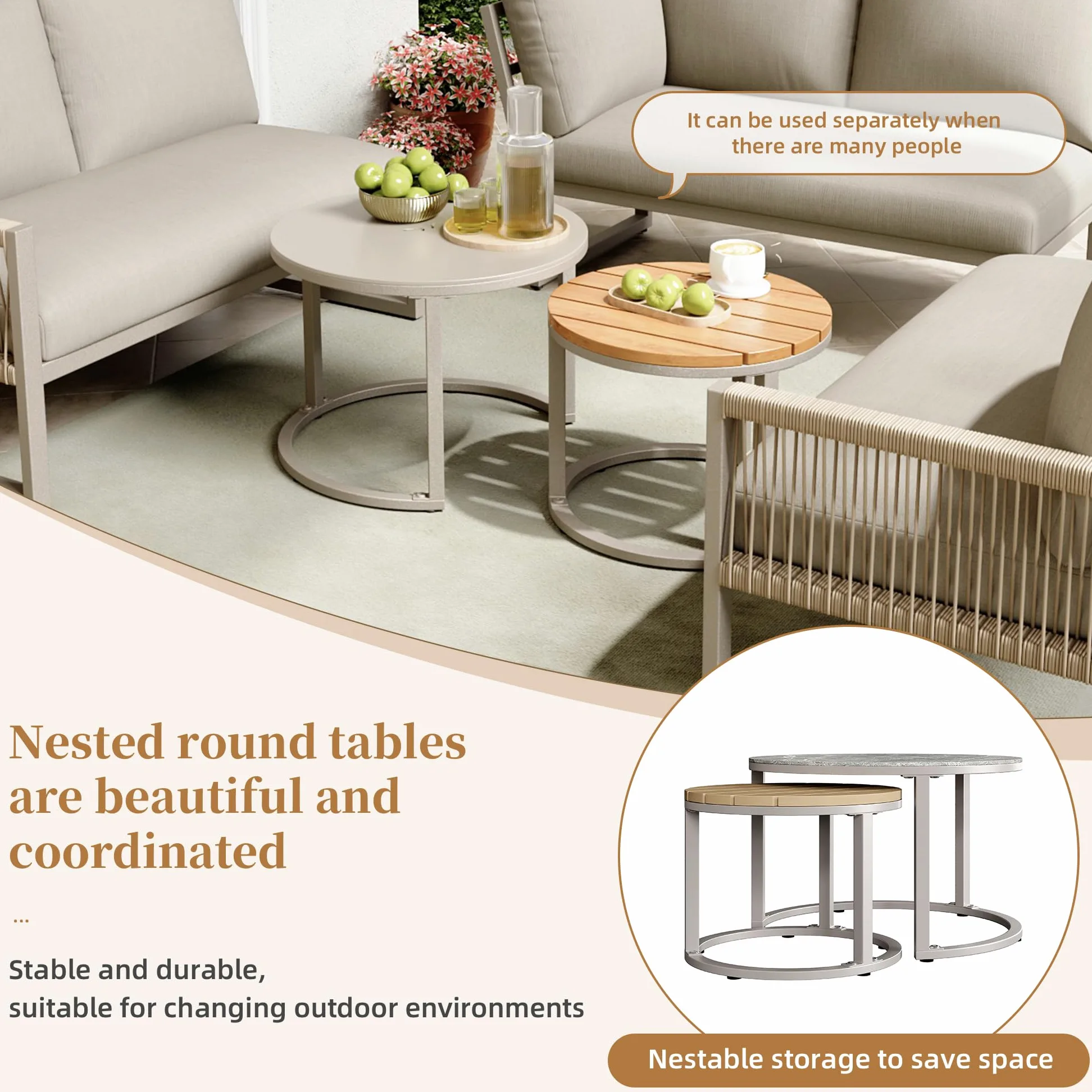 LAKFEW Conjunto Jardin Exterior de 5 Piezas con 2 Mesas y Patas Ajustables, Muebles Jardin Exterior Modular para 6-7 Personas, Sofa Exterior Esquinero con Cojín Cómodo (Beige)