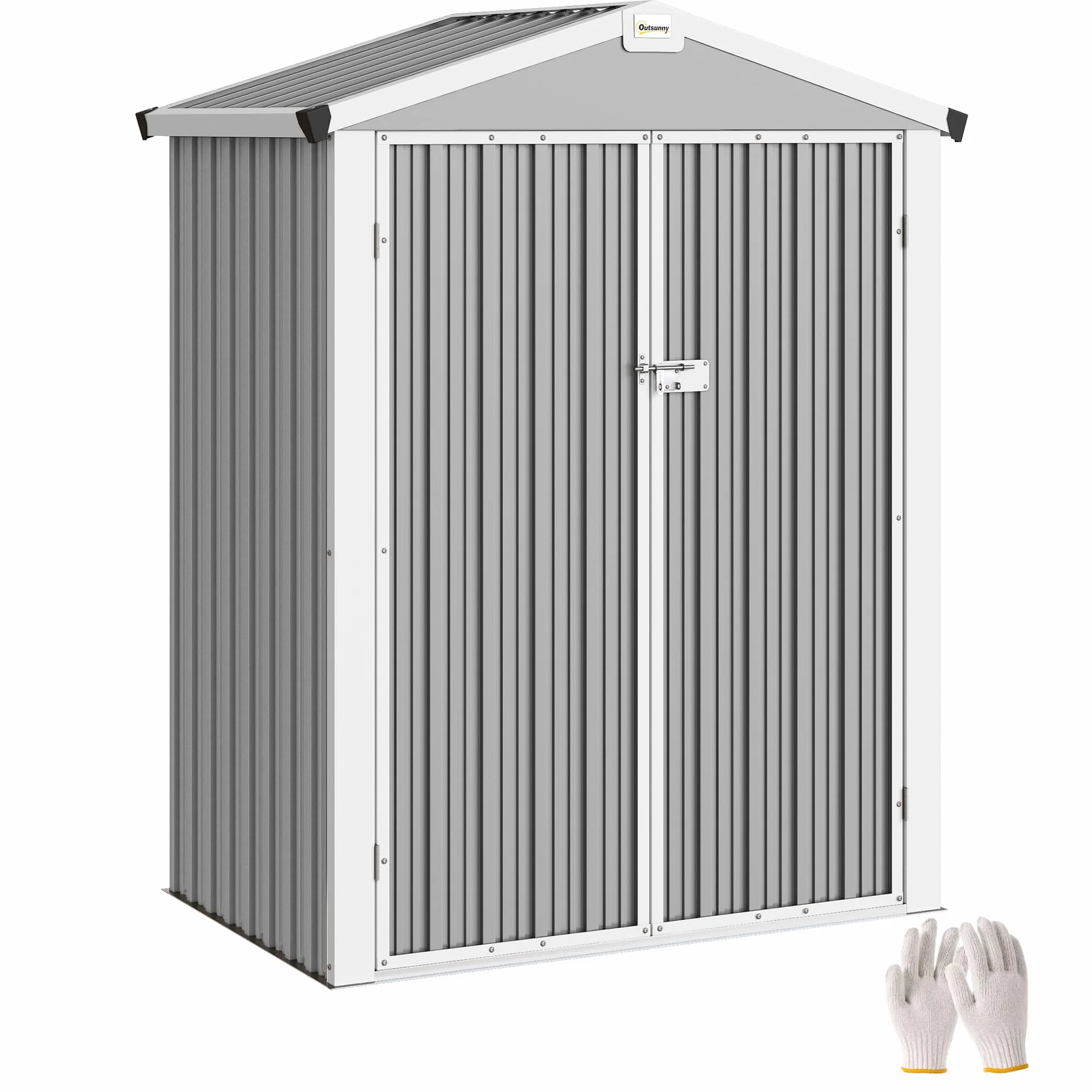 Outsunny Caseta de Jardín Exterior 1,1 m², 133x87x178 cm, Cobertizo Metálico con Puertas Abatibles Dobles, Techo a Dos Aguas y Guantes, Almacenaje de Herramientas y Bicicletas, Gris