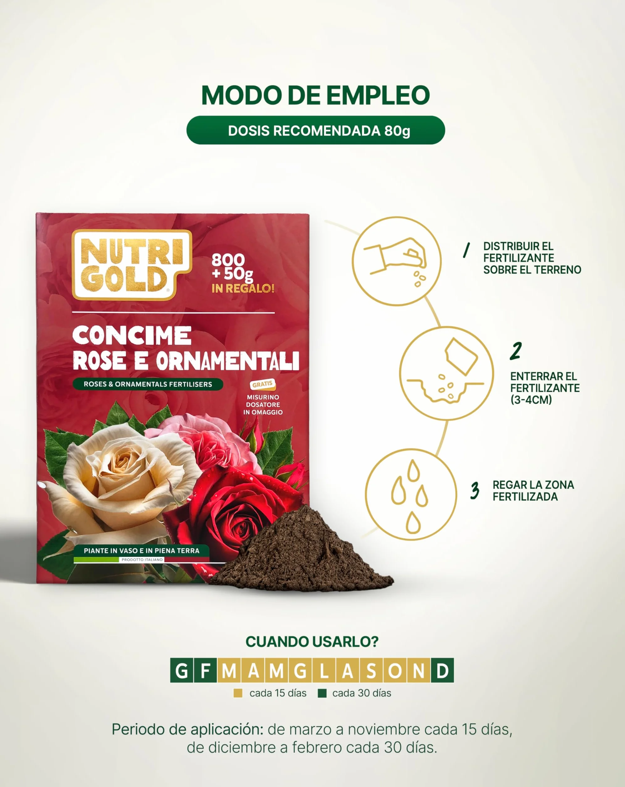 NutriGold® fertilizante Rosas y Flores | Abono para Rosas, Flores y Plantas Floridas - Estimula Floraciones Ricas e Intensas - 100% Natural Km0 - Sólido 800g + 50g Gratis