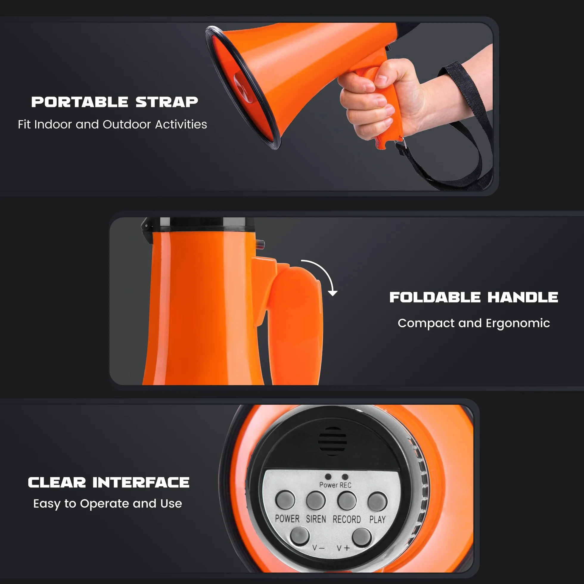 Megáfono portátil 20 W MyMealivos con Altavoz, Sirena, Alarma, Control de Volumen y Correa