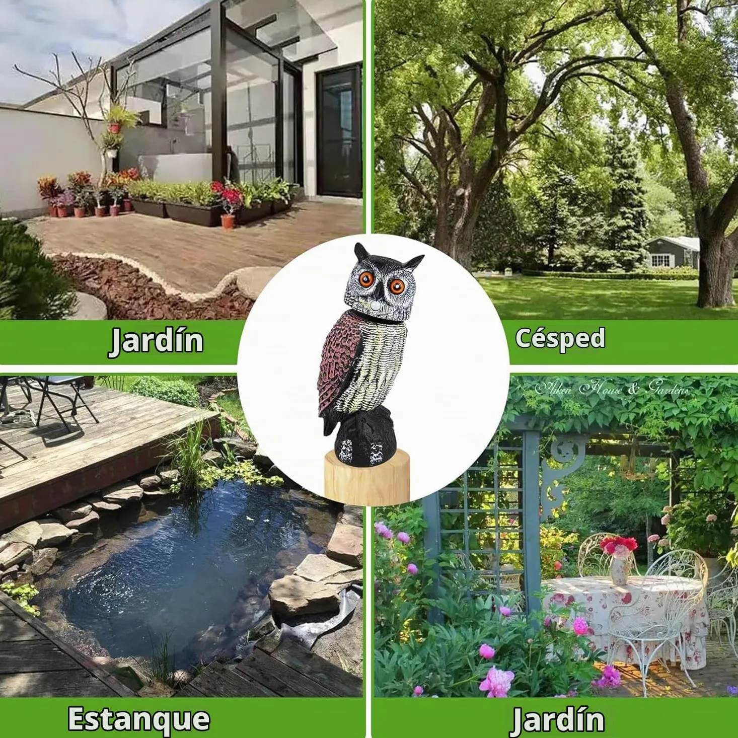 Buho Espantapajaros Solar, Buho Ahuyentador Palomas con Sonido, 43cm Alto | Buhos Espantapajaros Gira Cabeza, Figura Señuelo Búhos Decorativos Grandes para terraza balcon tejado huerto arbol