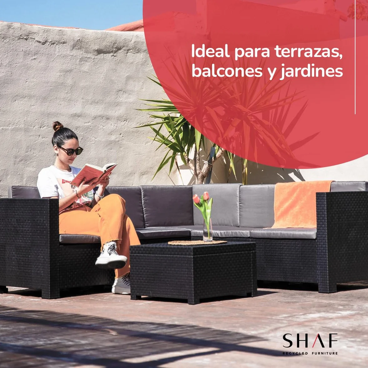 SP Berner - Set de Muebles de Jardín y Terraza Oasis Color Grafito - Tres Piezas - Sofá Canapé 3 y 2 Plazas y Mesa de Centro con Almacenaje - Fabricado en España con Plástico Reciclado