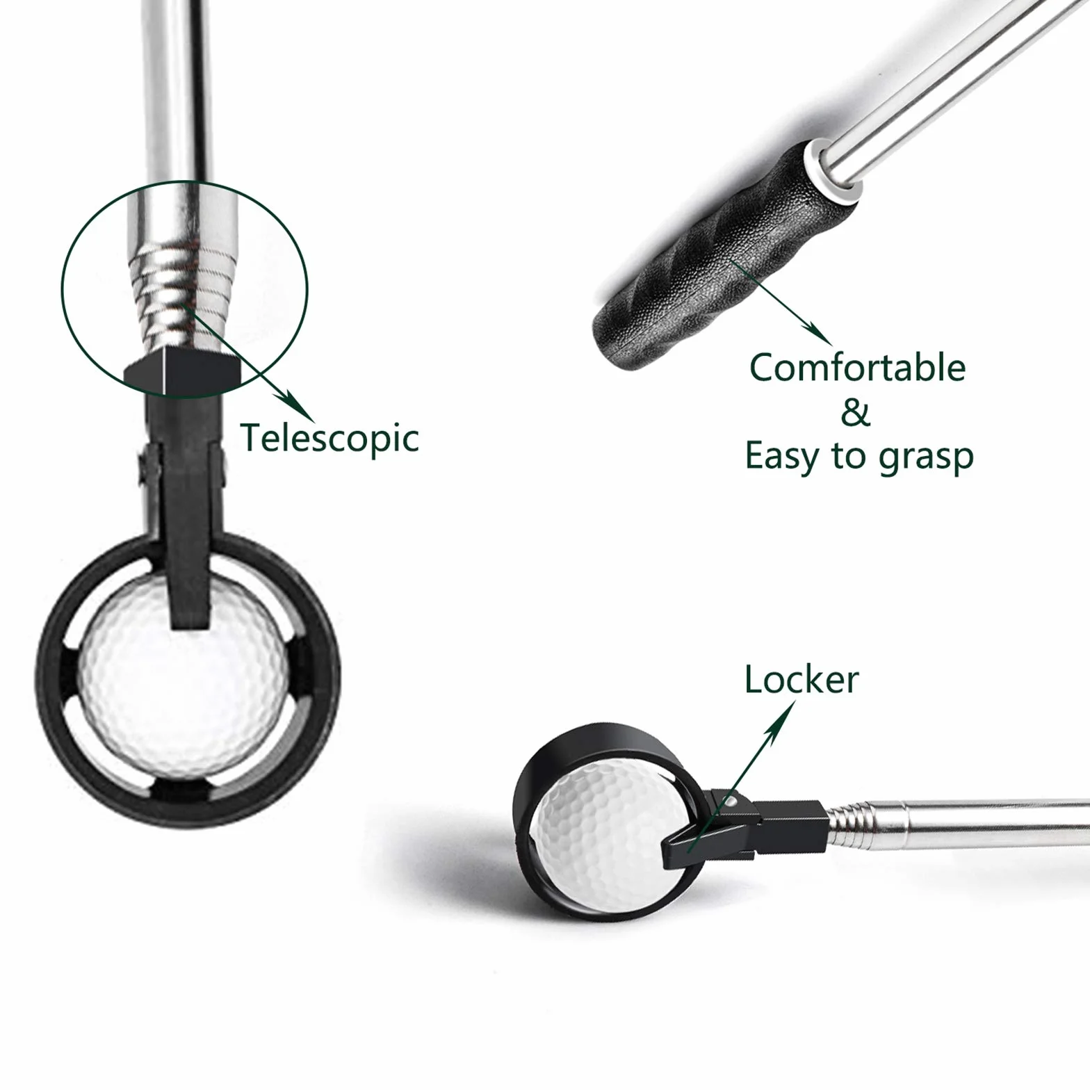 Recuperador de Pelotas de Golf Telescópico de Acero Inoxidable para Agua con Agarrador para Putter, 2 m