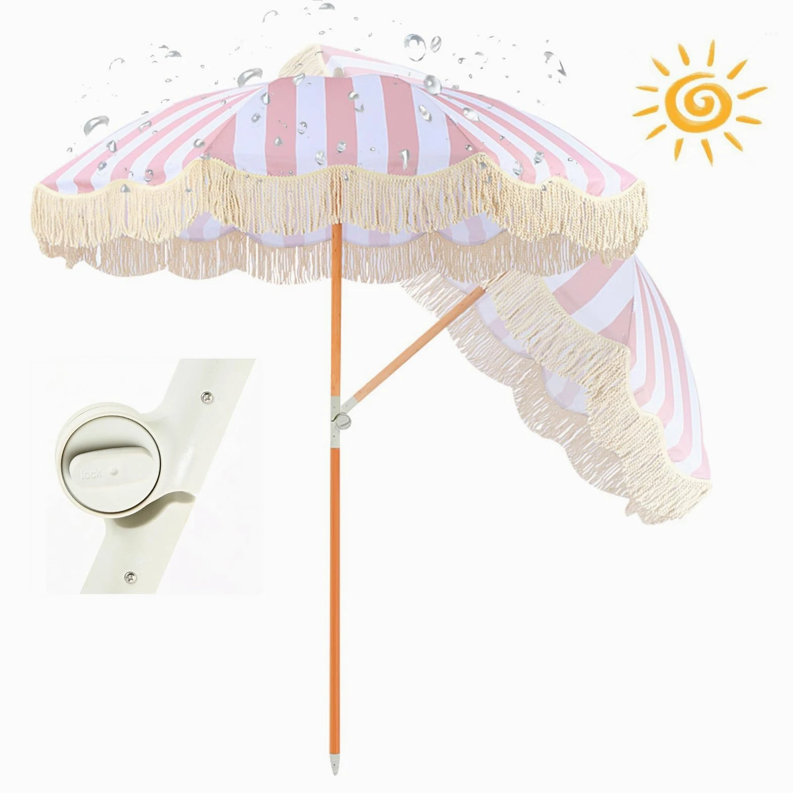 Sombrilla De Playa Grande Antiviento 2m Rosa Sombrillas Terraza Parasol De Jardín Anti UV Parasol Terraza De Jardín Sombrilla Jardin Exterior Con Borlas Para Piscina Balcón Y Césped