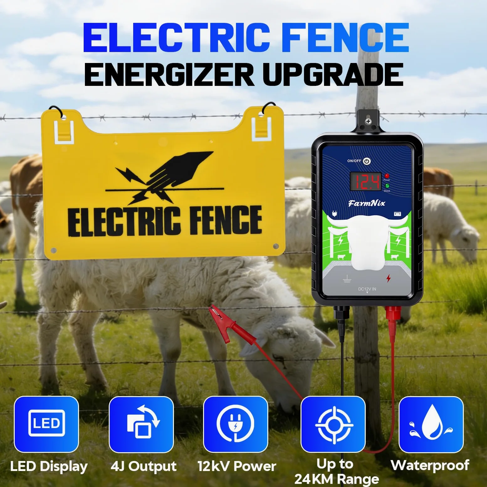 Pastor Eléctrico 12KV 4 Julios Alcance 24KM Controlador Corriente Batería Solar para Vacas Caballos