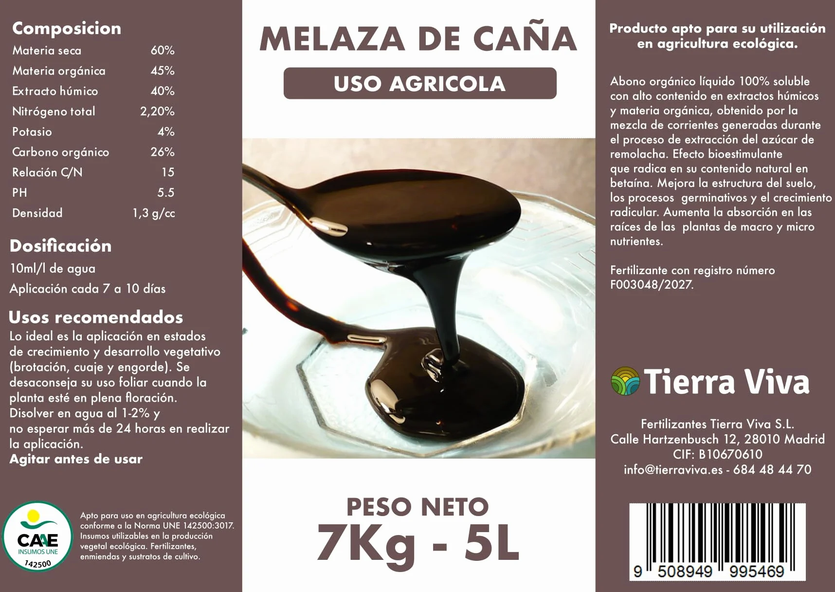 Melaza para plantas ecológica 7Kg (5L). Agro melaza. Fertilizante universal natural que mejora el suelo y potencia tus cultivos. Estimula la actividad de microorganismos beneficiosos