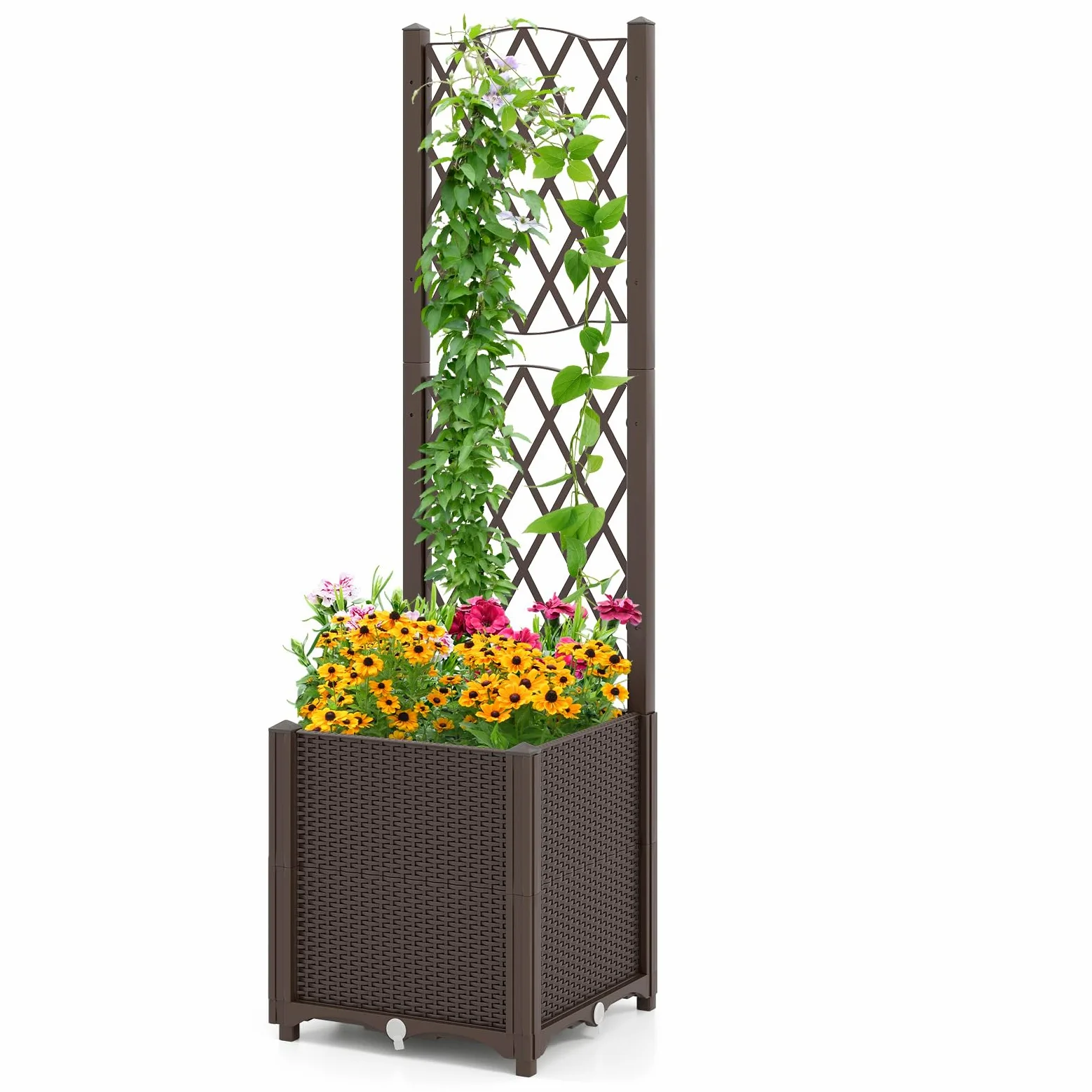HOMASIS Cama de jardín elevada de madera con celosía, maceta de exterior con disco autoregado, agujeros de drenaje, bandeja de flores para plantas trepadoras, verduras (marrón)
