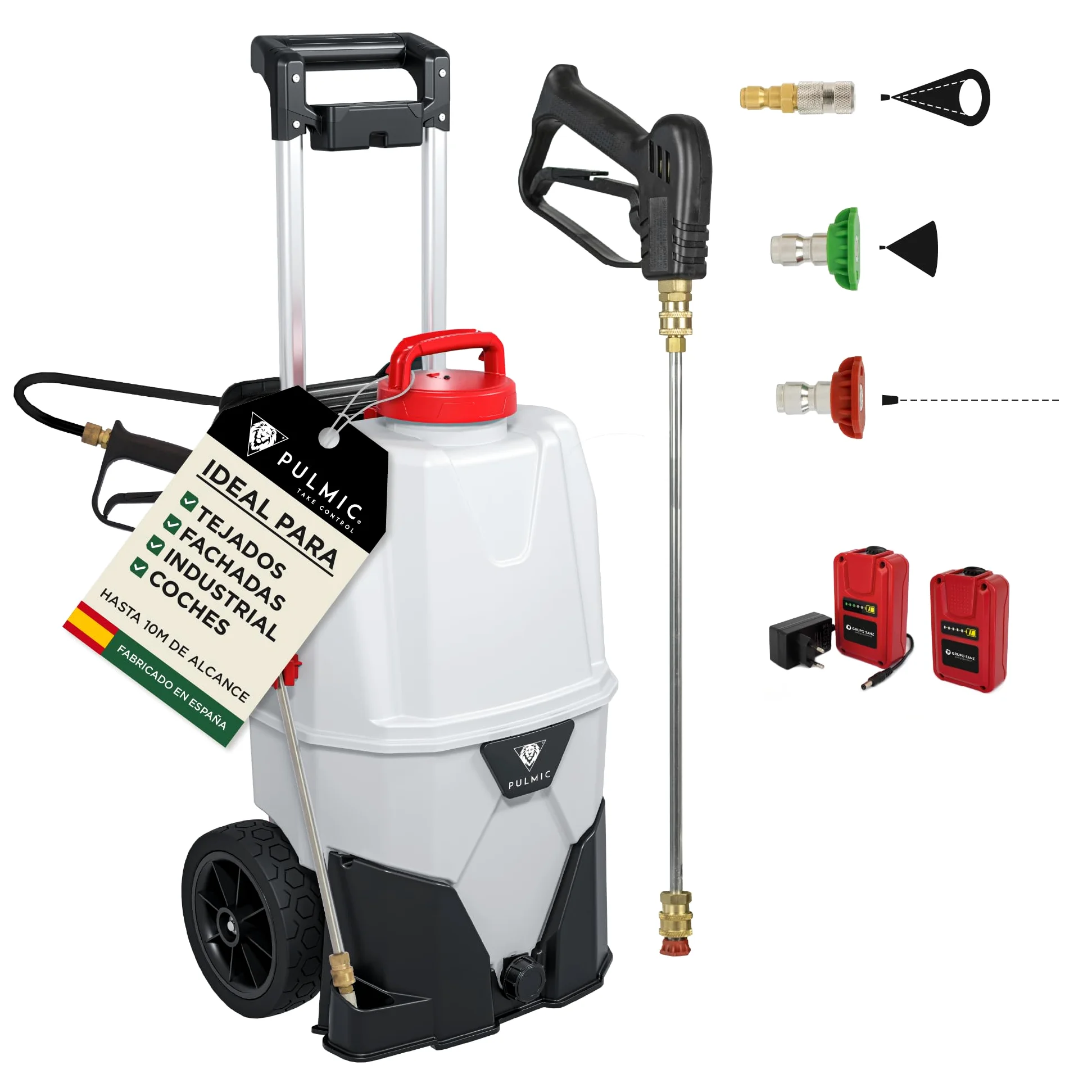 Pulmic Pulverizador a Presión Eléctrico Industrial 35L, 2 Baterías Litio 18V, 7 Bares, 3 Velocidades, Manguera 6M, Boquillas Rápidas, Pulverizador Químicos, Limpieza Tejados, Fachadas y Superficies