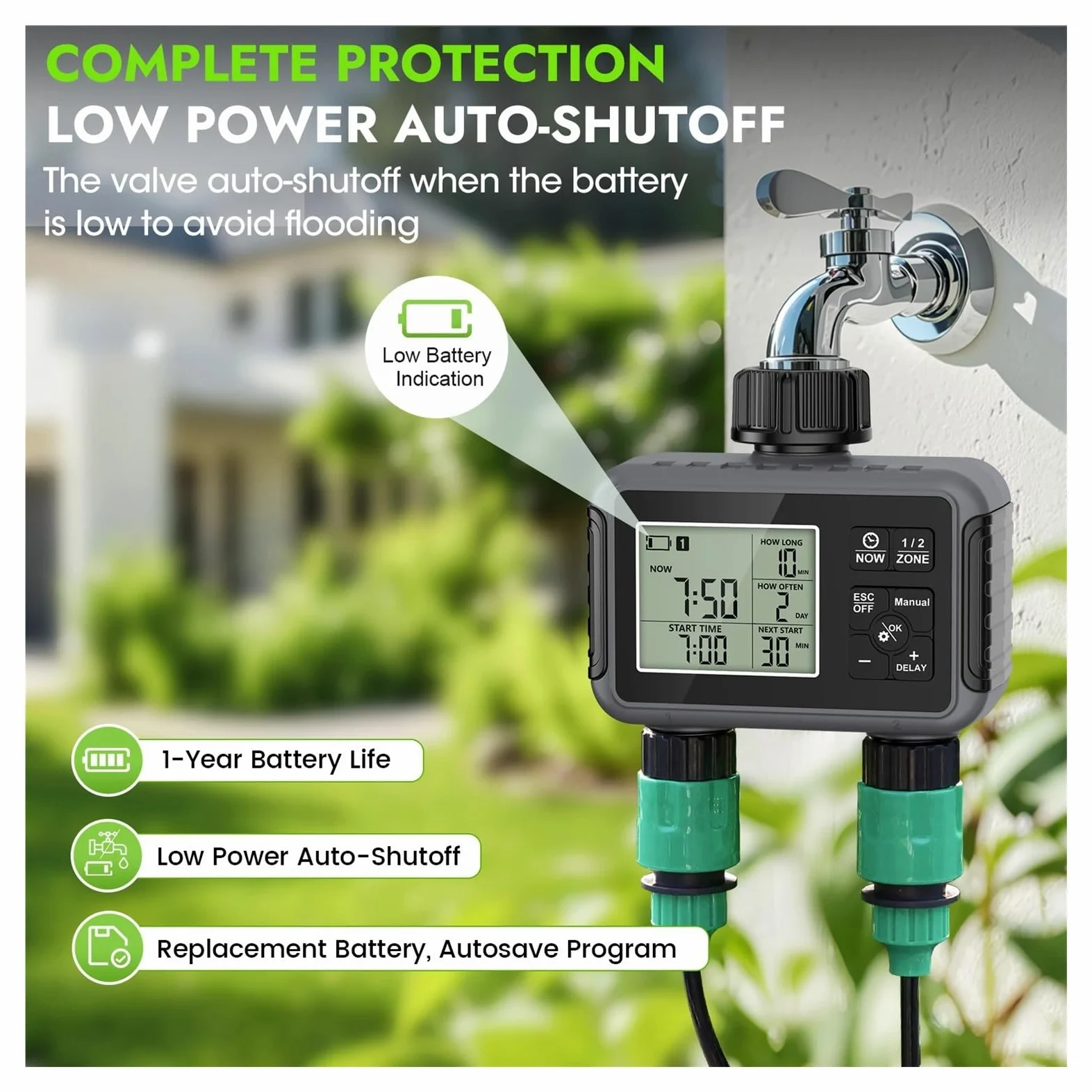 Temporizador de aspersor de 2 zonas programable IPX5 riego de jardín | Temporizador programable for sistemas de riego por goteo y césped.(G thread)
