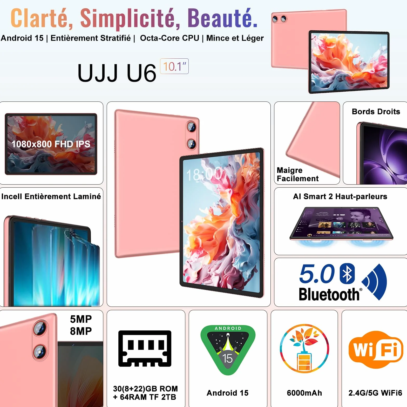 Gemini AI Tablet Android 15 10 Pulgadas 64GB ROM Octa-Core 5G WiFi 6 Widevine L1 GMS Bluetooth 5.0 1280x800 FHD IPS con Teclado y Ratón Rosa