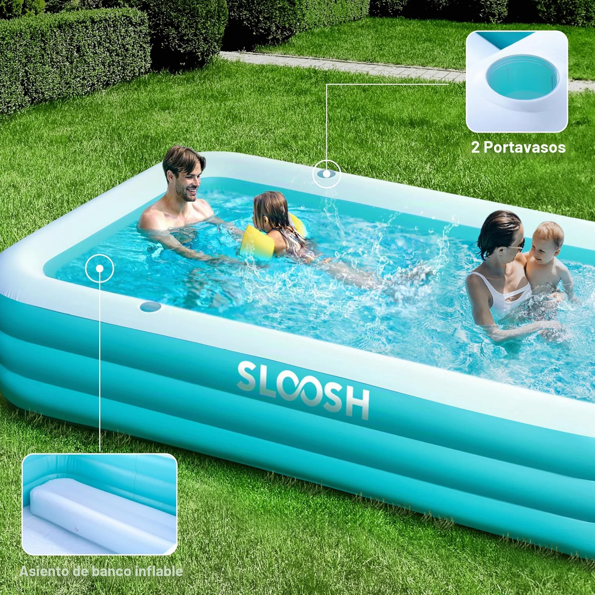 SLOOSH Piscina hinchable para adultos con asientos, 304,8 x 182,9 x 55,9 cm, tamaño natural, inflable, duradera, gruesa, gran piscina para jardín, césped, fiesta acuática de verano, cian