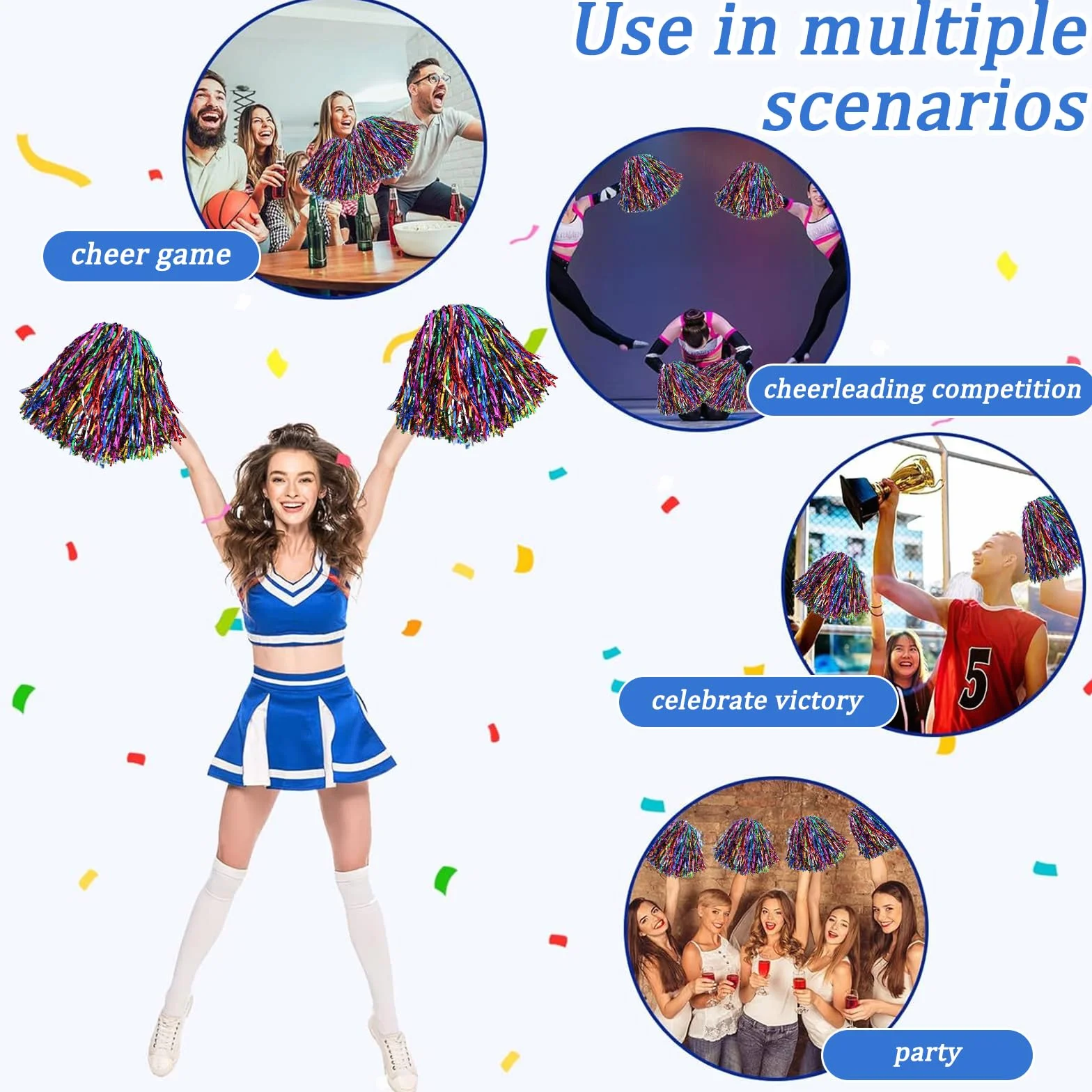 Pompones de Animadora 4 Piezas con Asa, Cheerleader Pompom, Accesorios Porristas para Competición Deportiva