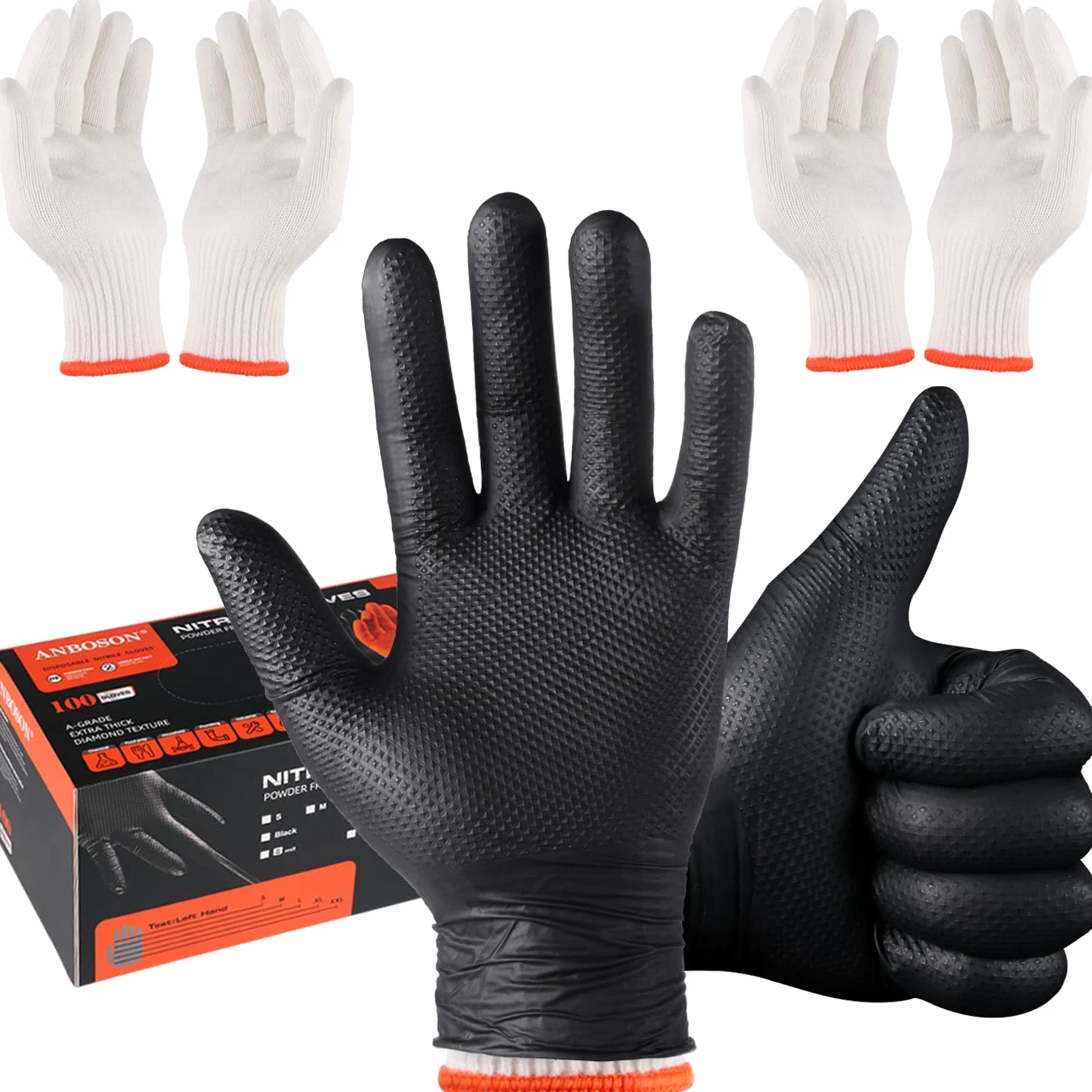ANBOSON Guantes desechables negros para barbacoa, talla XL, 100 unidades, con 2 pares de guantes de algodón lavables, resistentes, reemplazables, 10 mil, con textura de diamante, guantes de nitrilo
