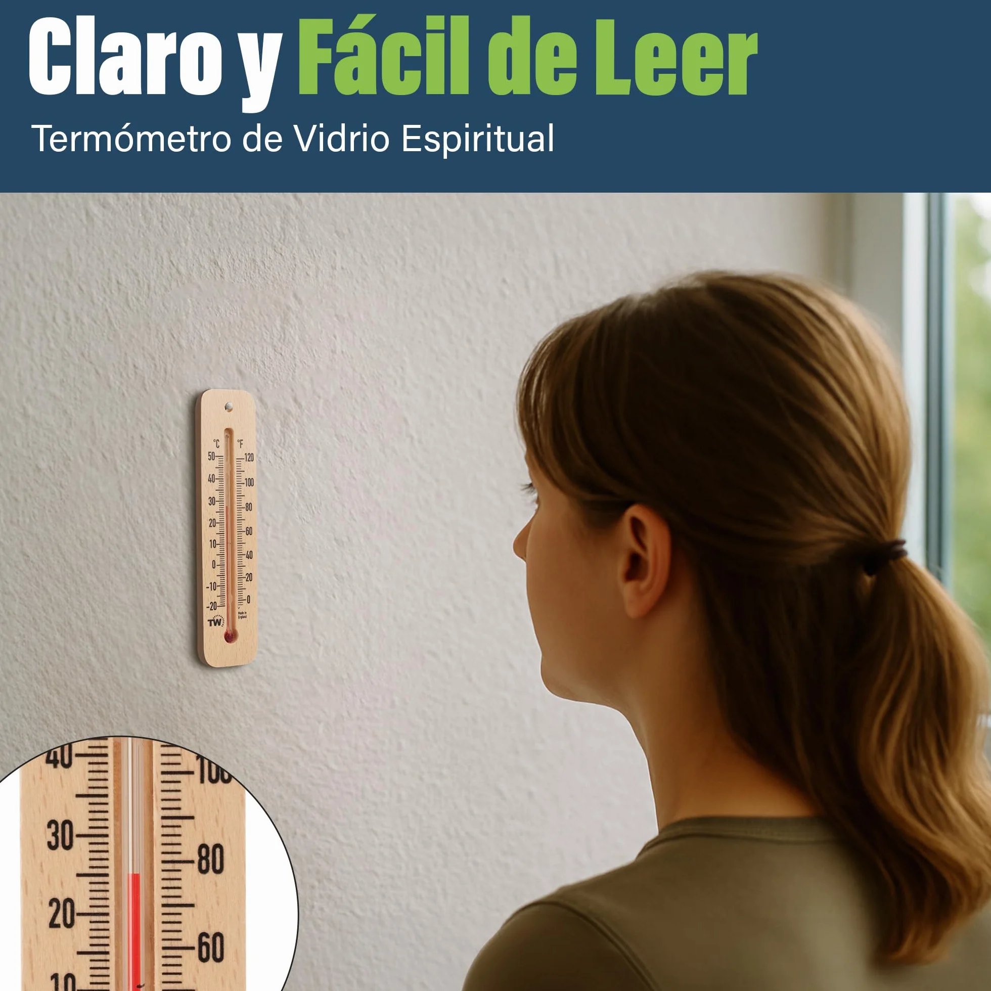 Termómetro Tradicional de Madera para Medir la Temperatura Ambiente, Ideal para Hogar, Oficina, Jardín, Invernadero o Garaje