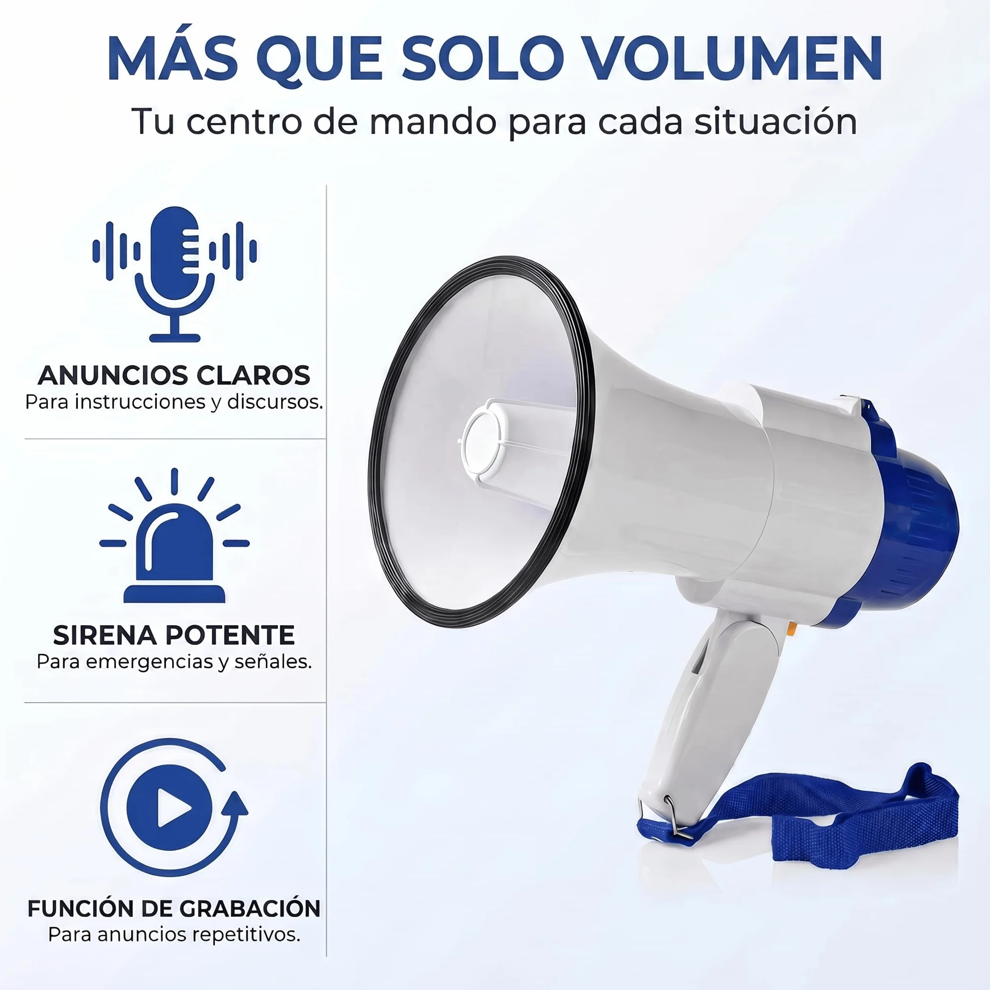 Nedis megáfono 250 m 150 dB blanco azulado con correa y micrófono incorporado sirena grabación