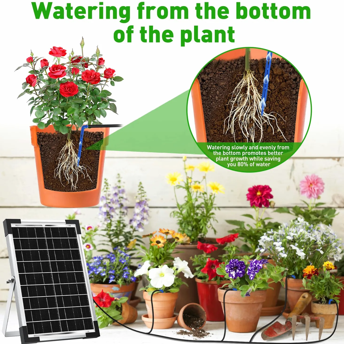 Onherm Kit Sistema de Riego por Goteo Automático Solar para Maceta, Manguera de 30 Metros para 1-30 Plantas en Macetas, 300 Modos de Temporizador, pare Jardín, Balcón y Huerta