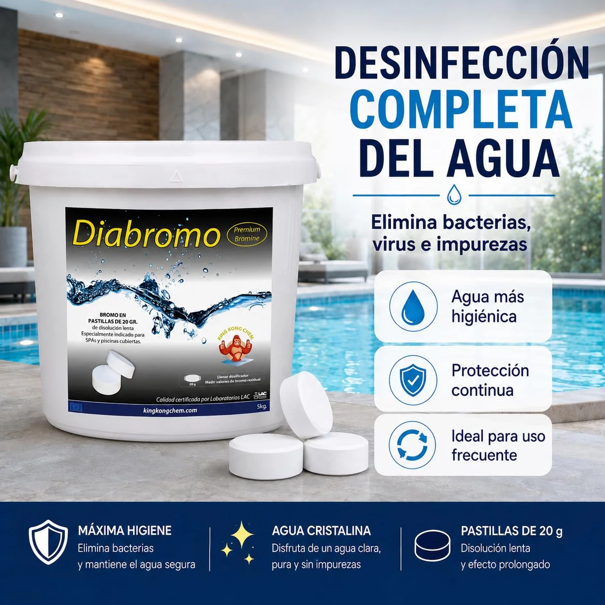 Diabromo 5 kg - Bromo Desinfectante para SPA y Piscinas Cubiertas - Pastillas de 20 Gramos
