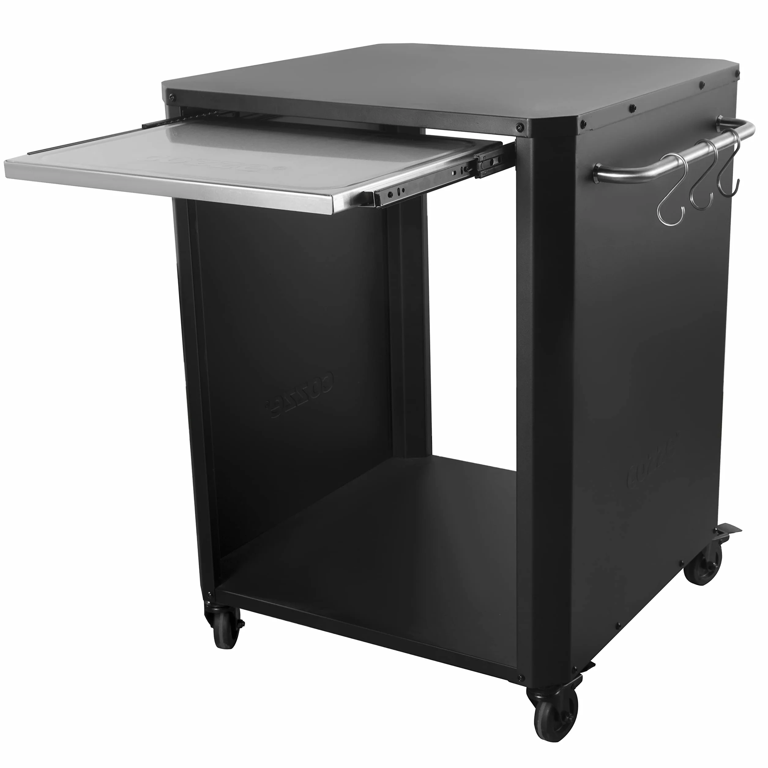 Cozze® | Mesa Exterior con Tabla de Corte Extensible | para hornos hasta 60 cm | Asas Laterales con 6 Ganchos de Acero Inoxidable | Ruedas de Goma Ø75 mm | Espacio para bombona | Acero Lacado Negro