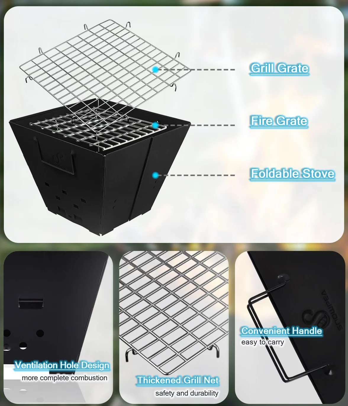 Snowpea Portable Fire Pit for Camping, Collapsible Outdoor Fire Pit with Carry Bag, Iron Fire Bowl for Picnics, Bonfire, Patio, Backyard and Garden - con Parrilla