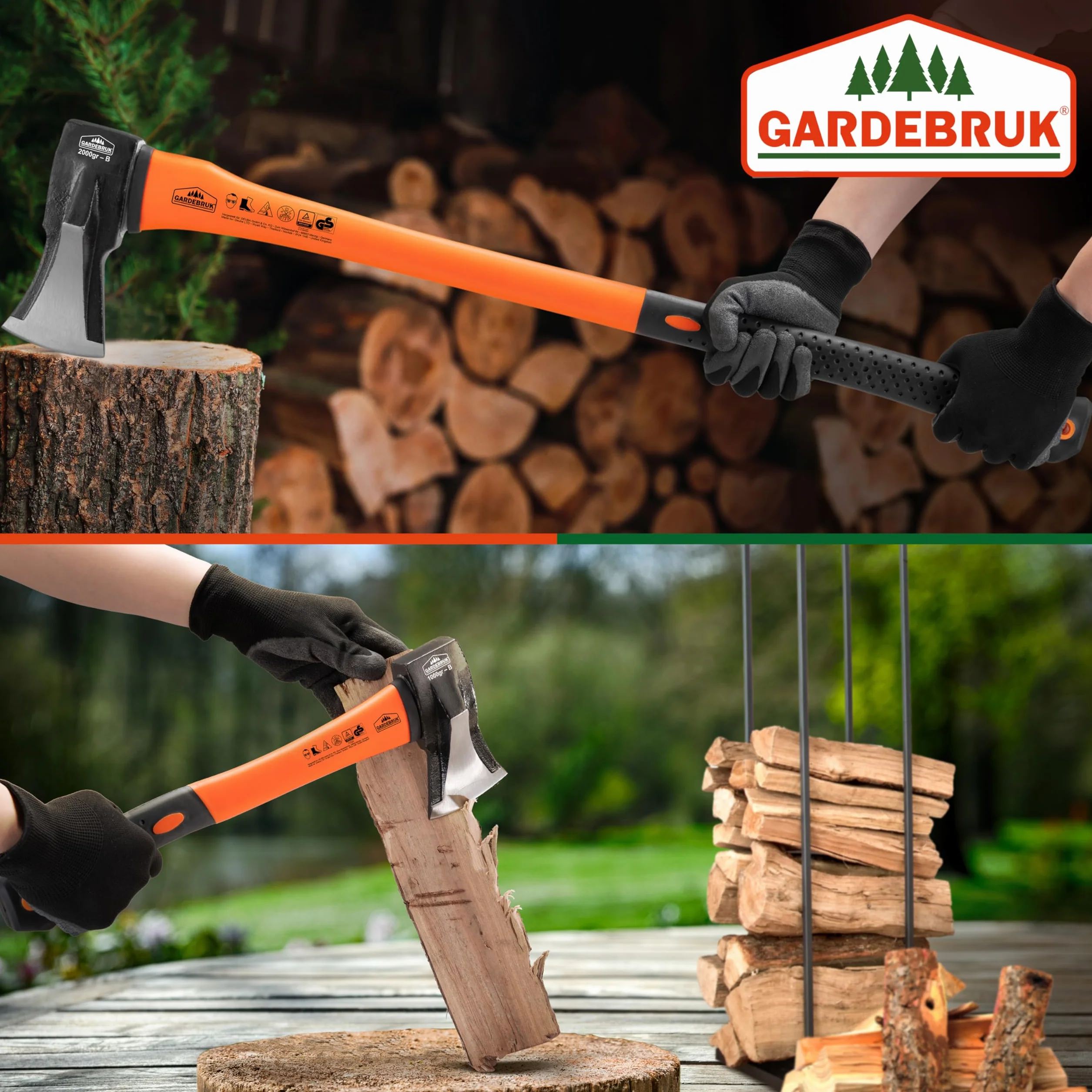 GARDEBRUK® Hachas para Leña de Mano Grande 88,5cm,Hacha Pequeña 42,5cm, Acero al Carbono, Universal, Ergonómicas, Herramientas Jardineria Troncos