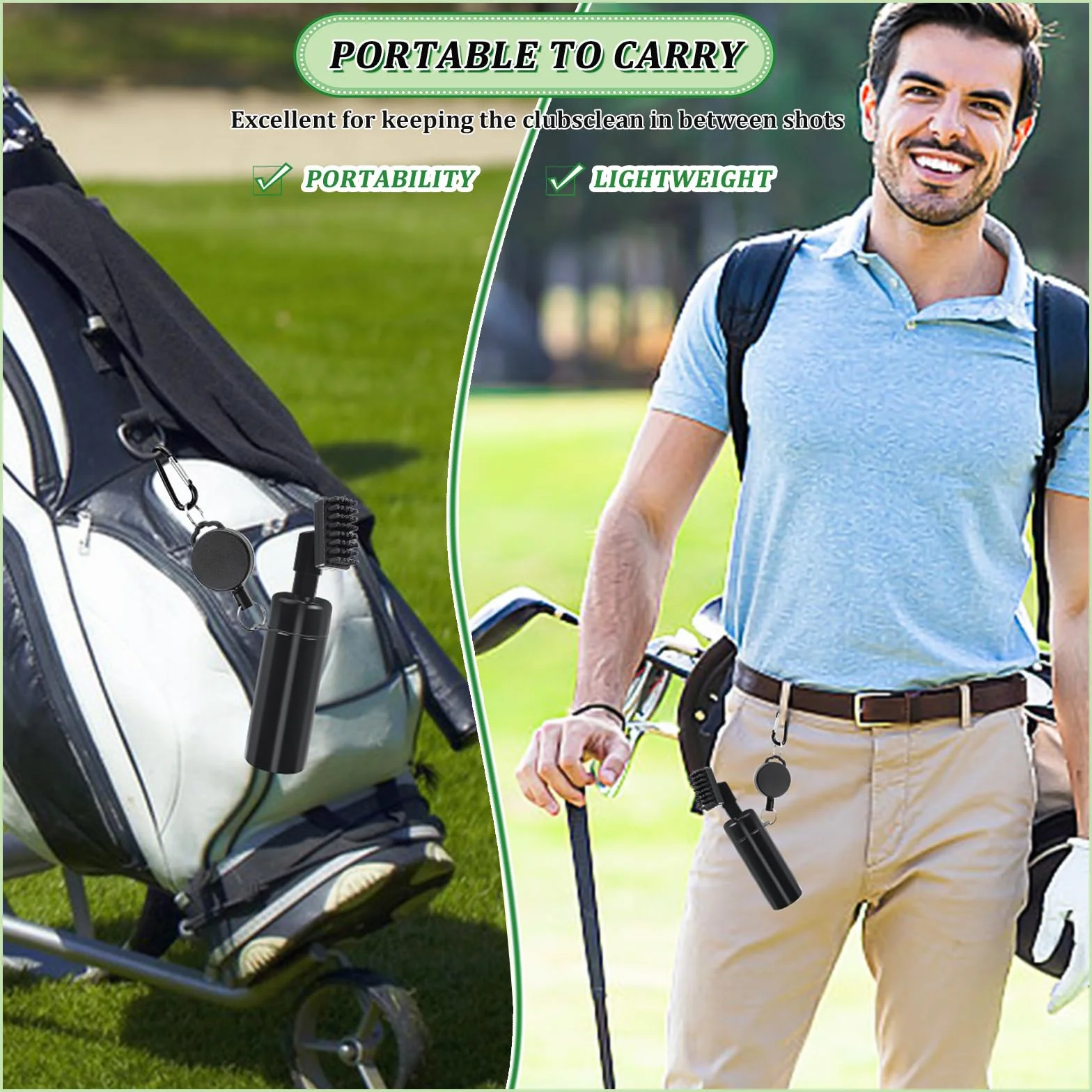 Cepillo limpiador de ranuras para palos de golf multifuncional con spray de agua y ganchos