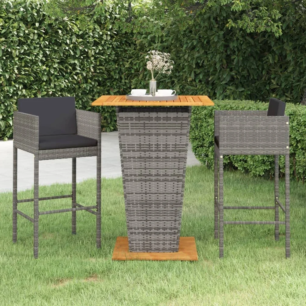 vidaXL Set de Muebles Bar Jardín 3 Piezas y Cojines Mesa Silla Asiento Patio Terraza Balcón Barra Bistró Muebles Mobiliario Ratán Sintético Gris