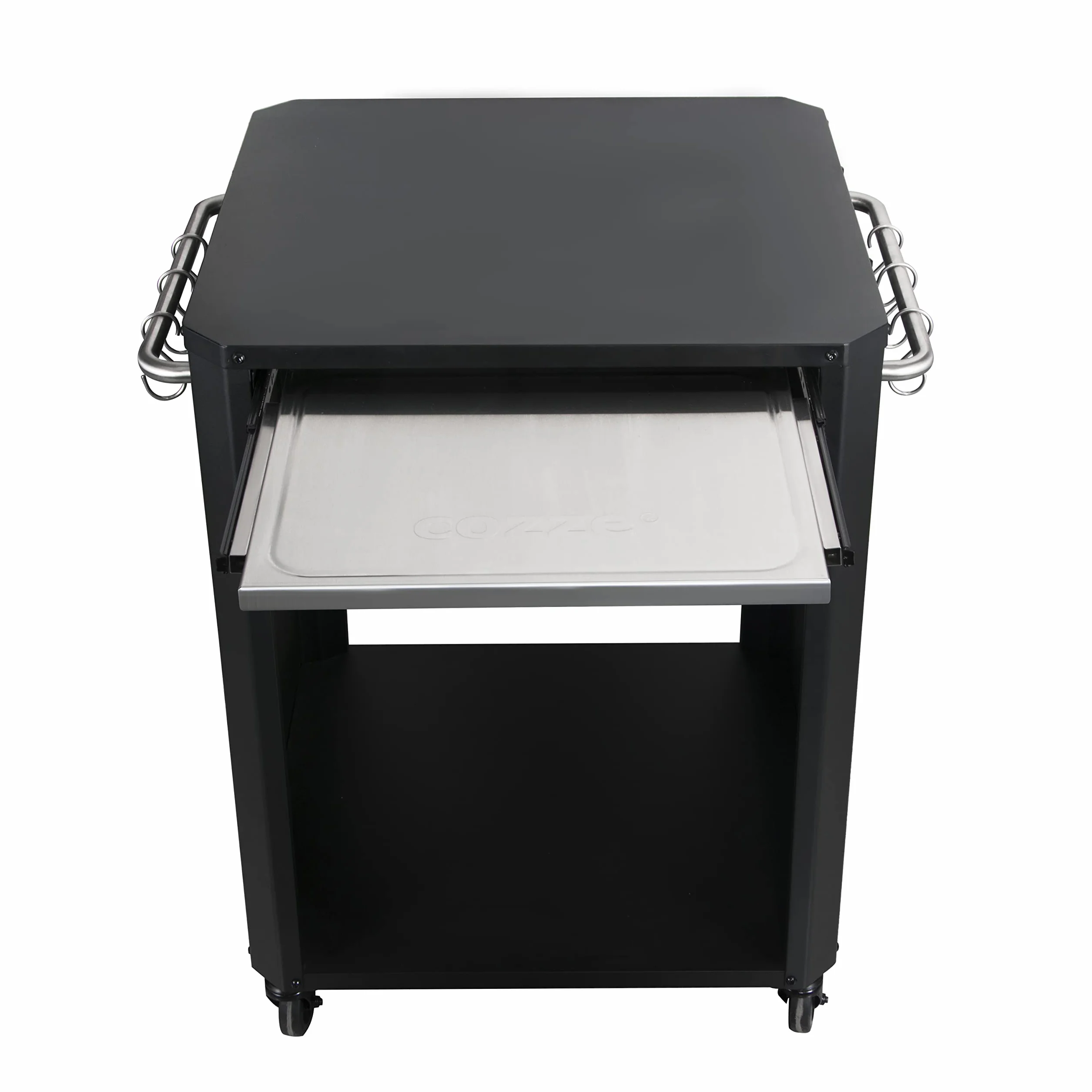 Cozze® | Mesa Exterior con Tabla de Corte Extensible | para hornos hasta 60 cm | Asas Laterales con 6 Ganchos de Acero Inoxidable | Ruedas de Goma Ø75 mm | Espacio para bombona | Acero Lacado Negro