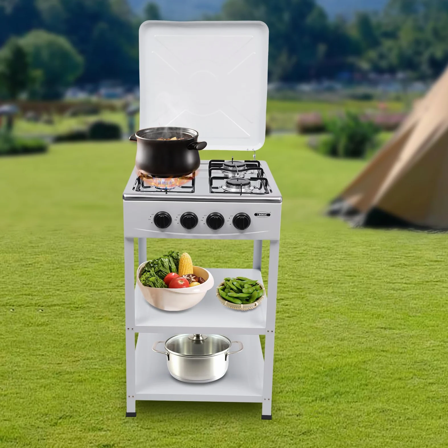 4 fuegos de gas con soporte antideslizante, carro de barbacoa con tapa, cocina de gas independiente, estufa de gas para camping, 49 x 49 x 79 cm (blanco)
