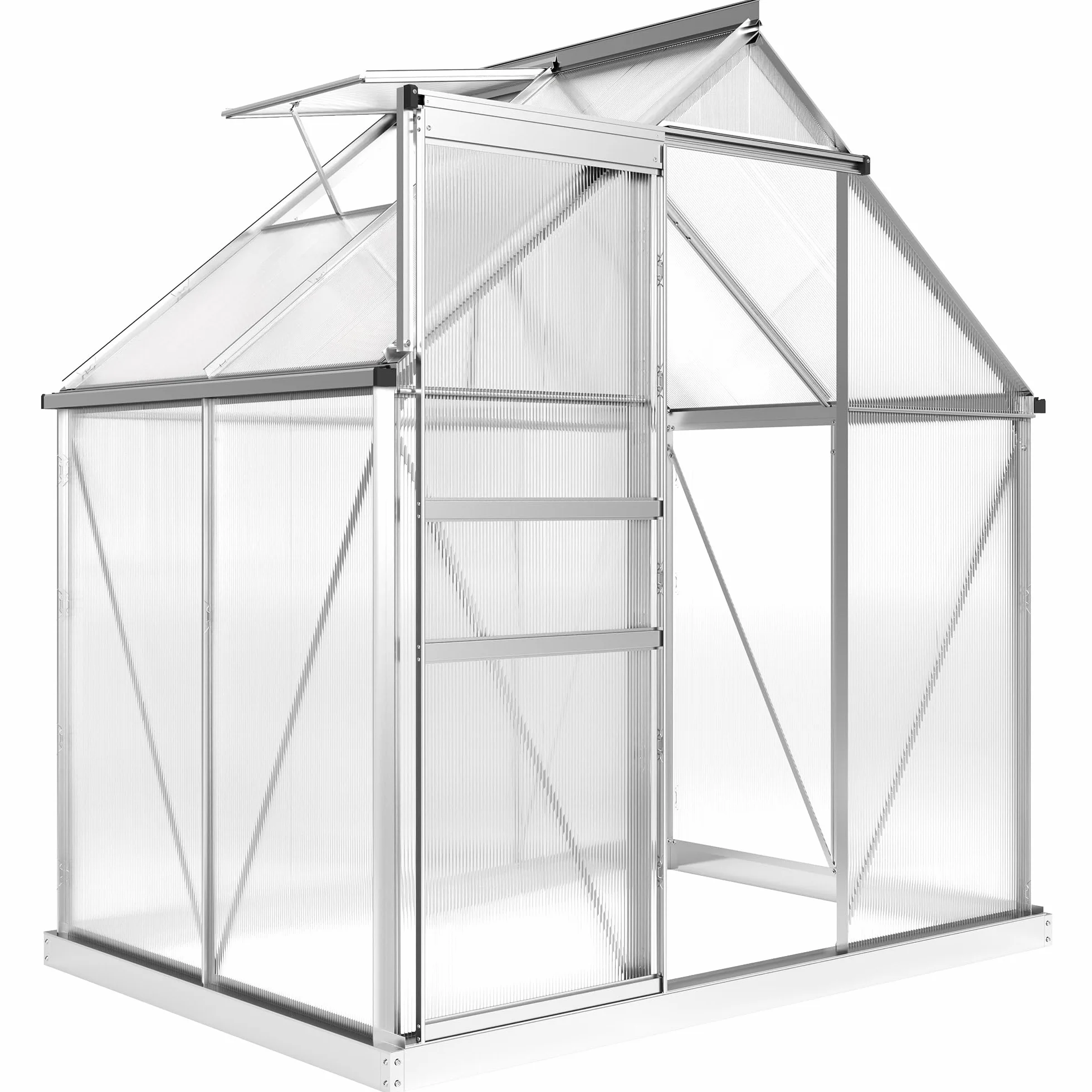 Outsunny Invernadero de jardín de policarbonato con marco de aleación de aluminio 2,5㎡, invernadero para huerto con base, canalones, ventana de techo ajustables, puerta batiente, para plantas, anti UV