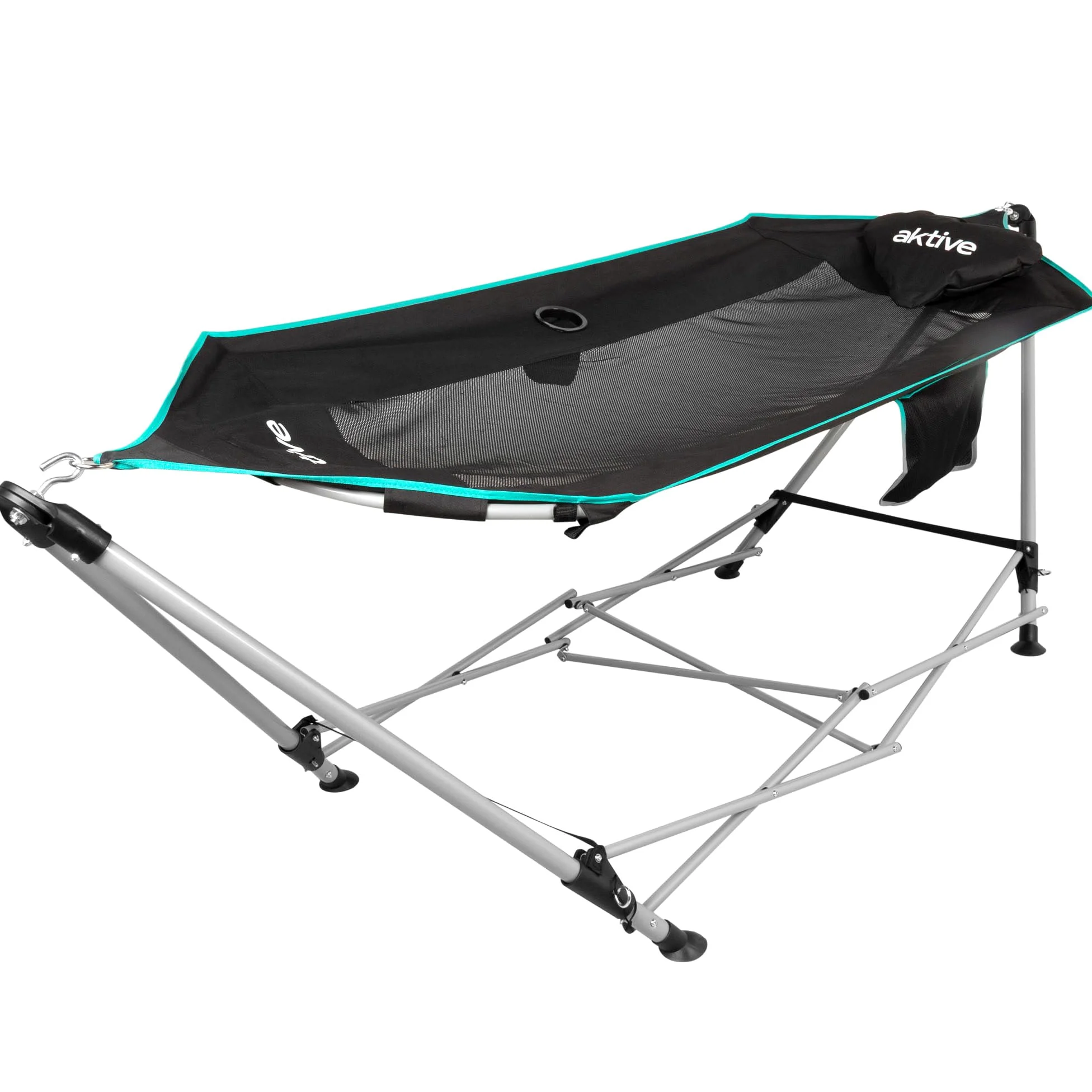 AKTIVE Hamaca Plegable con Estructura de Acero, Asiento de poliéster con Malla y Posavasos, Color Negro, 265 x 78 x 80 cm, Carga máxima 110 kg (63165)