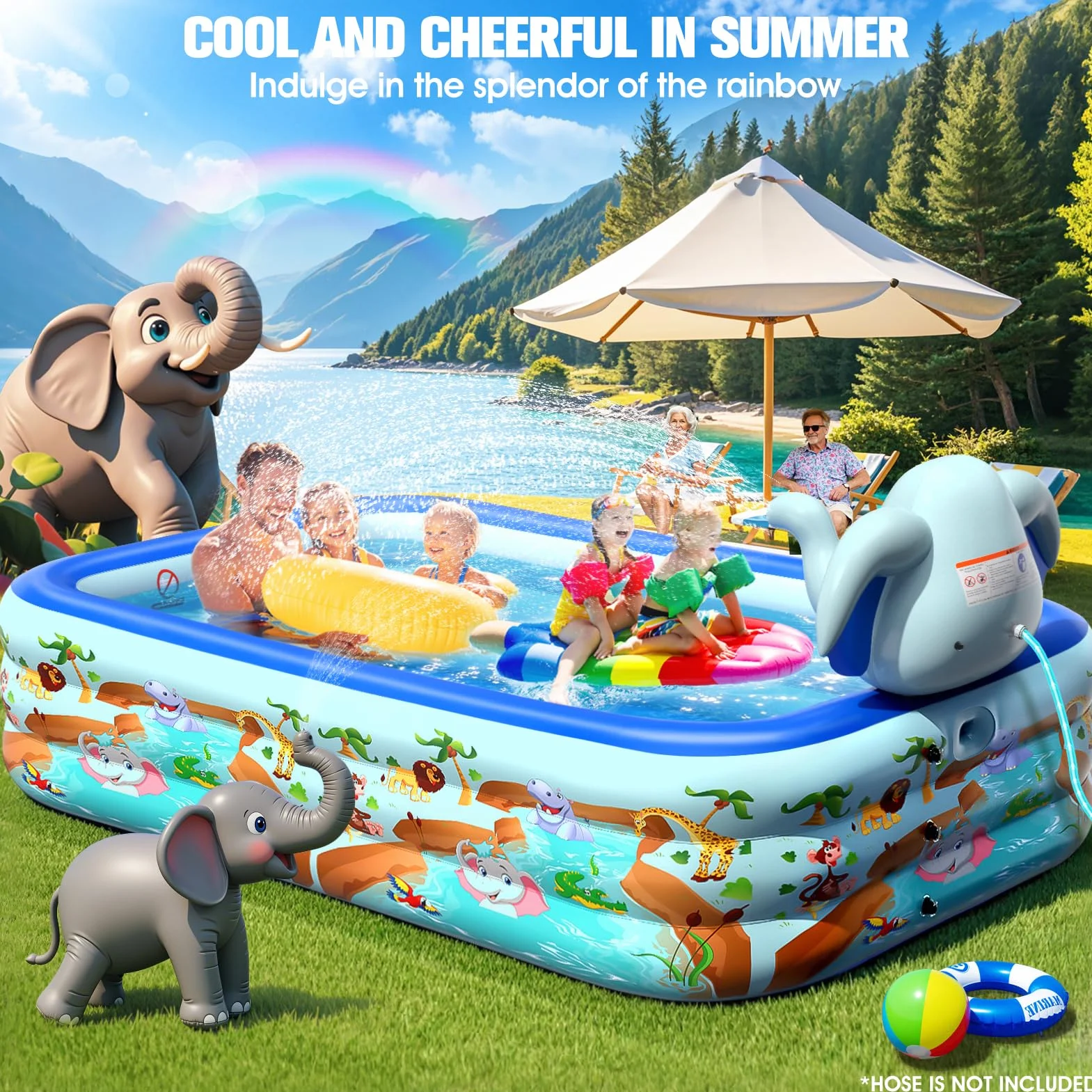 LanBlu Piscina Hinchable Adultos con Aspersor, Elefante Piscinas Hinchables Rectangular, Piscinas Hinchables Grandes de 0.6mm de Grosor, 252×183×56CM Piscina Hinchable Infantil para Terraza Jardín