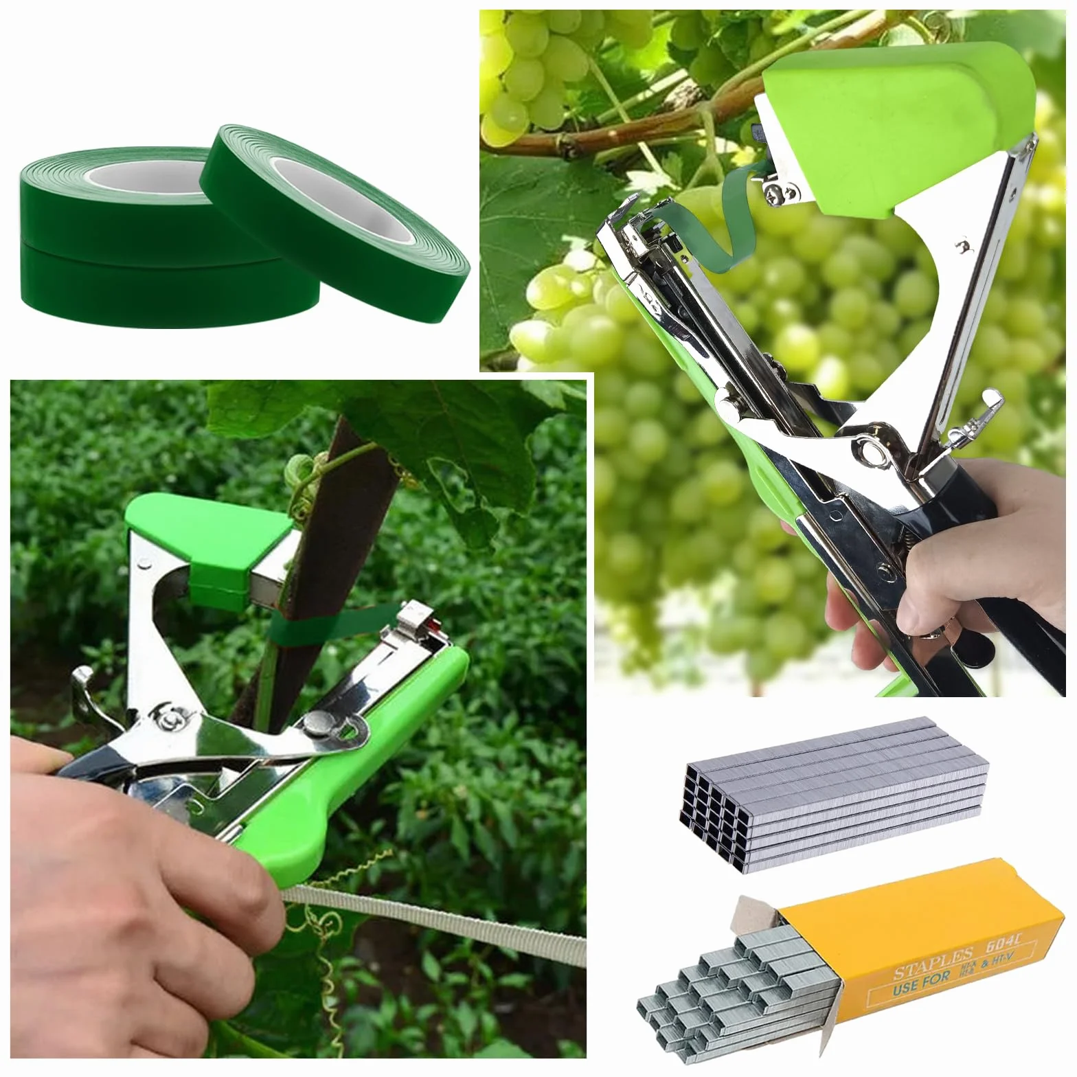TOGETDREAM 10 Rollos de Cinta Jardín y 10000pcs Grapas para Uvas, Herramienta de Cinta de Jardín para Atar Ramas de Plantas, Paquete Maquina para Atar, Atadora de Tomates, Herramientas Jardineria