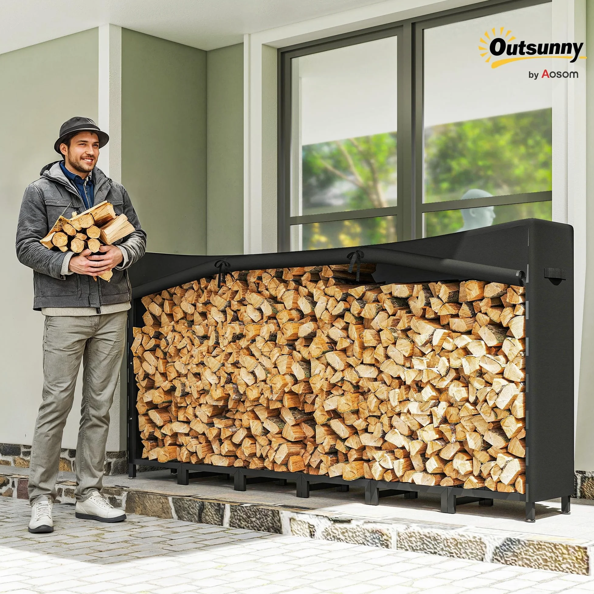 Outsunny Estante de Leña Metálico, 235x31x116 cm, Leñero Exterior con Cubierta Impermeable 600D Oxford, Marco de Acero y Cadenas de Acero, Soporte para Leña de Chimenea, Almacenaje para Madera, Negro