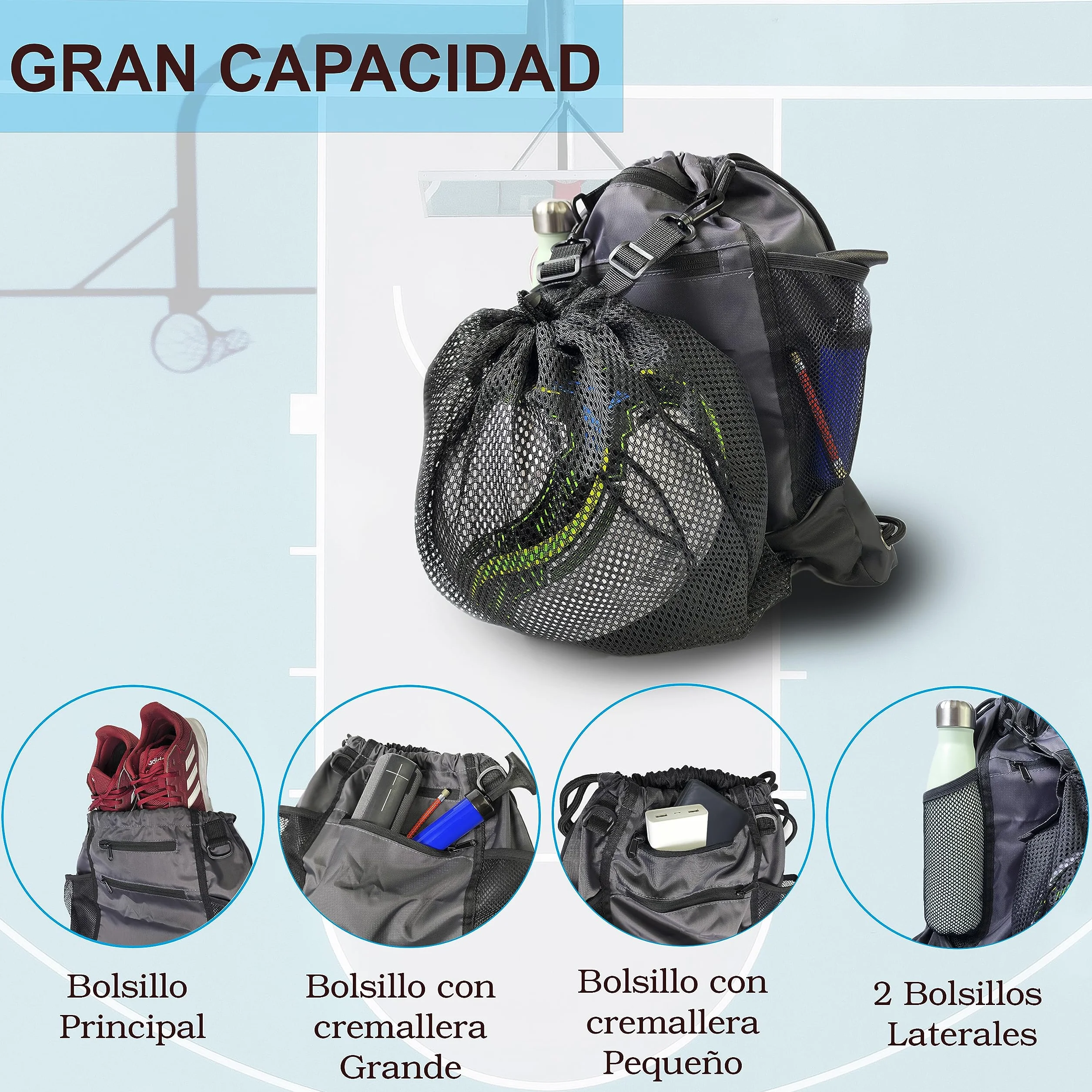 Mochila para Pelotas de Baloncesto, Cuerdas Deportiva, Incluye Inflador Portátil Negro