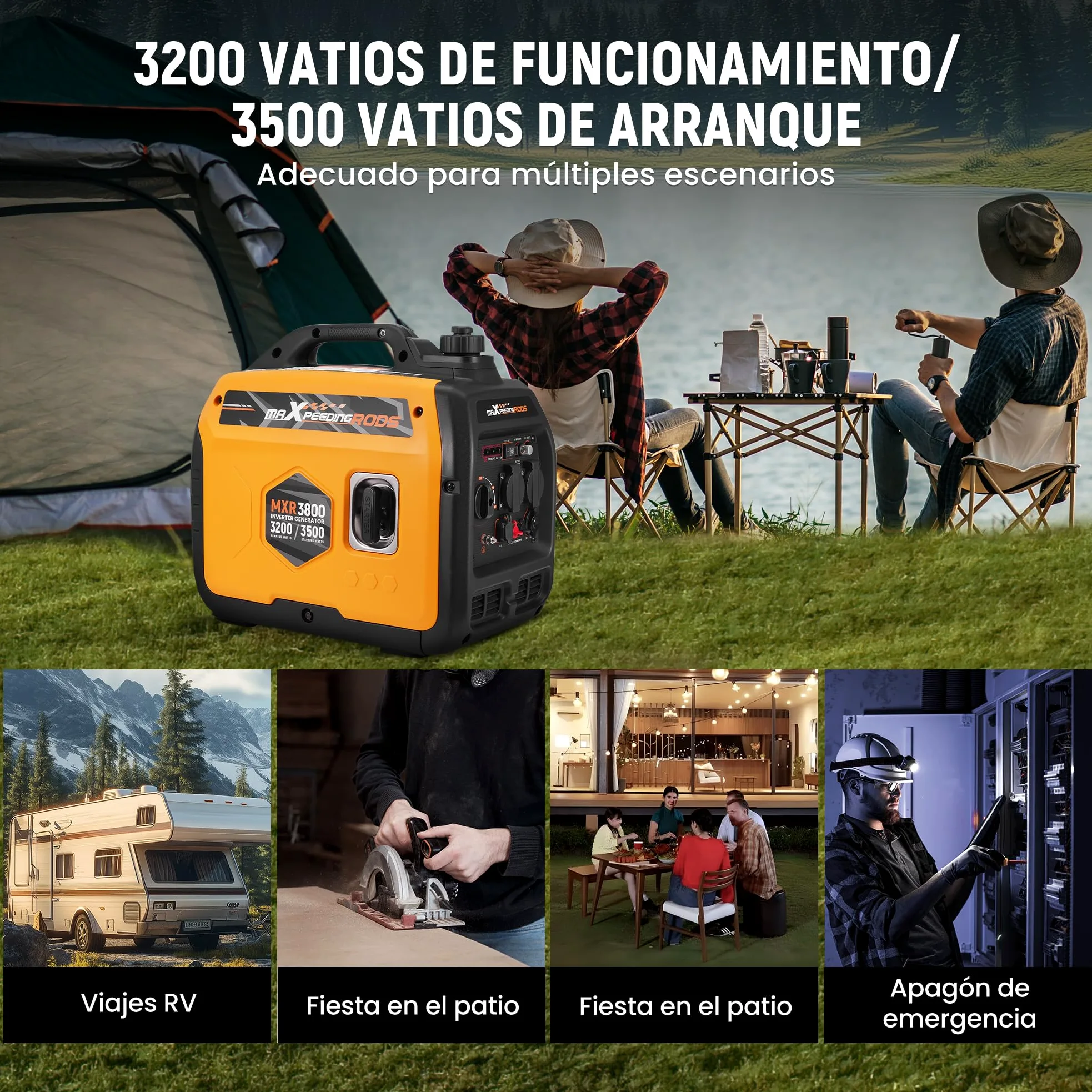 maXpeedingrods 3500W Generador Electrico Gasolina, Silencioso y Ligero | 4 Tiempos Generador de Inverter, Modelo ECO con 2x 230 V, 2x USB para Camping, Caravana, Construcción y Emergencias