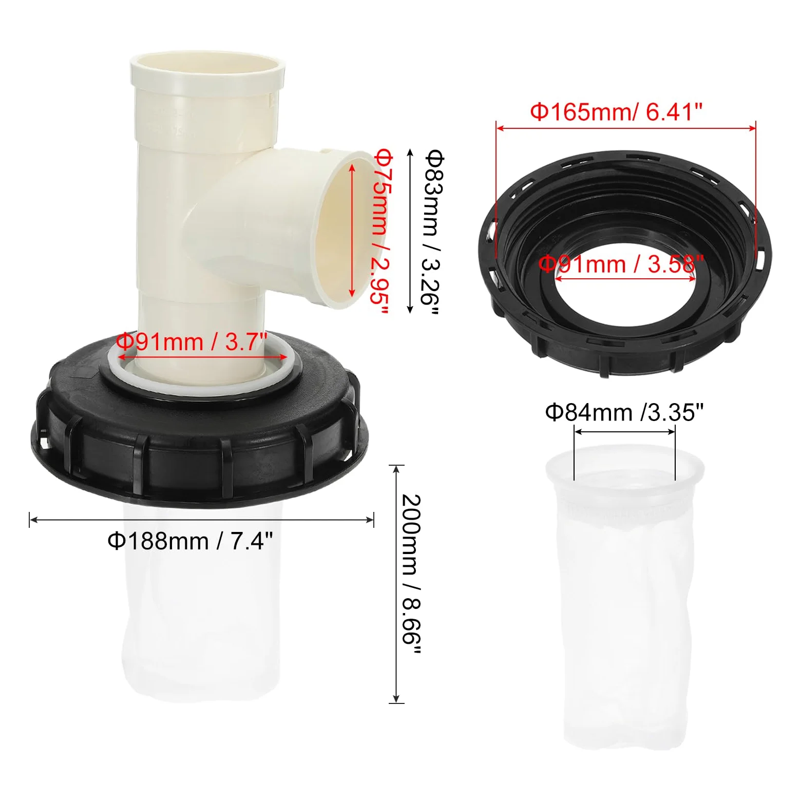 QUARKZMAN 163mm Tapa de Filtro de IBC, Adaptador de Manguera de Tote IBC de Plástico de 3 Vía para Contenedor de Tanque de Agua de Lluvia de 1000L para Tanque de Agua de 275gal, Negro/Blanco
