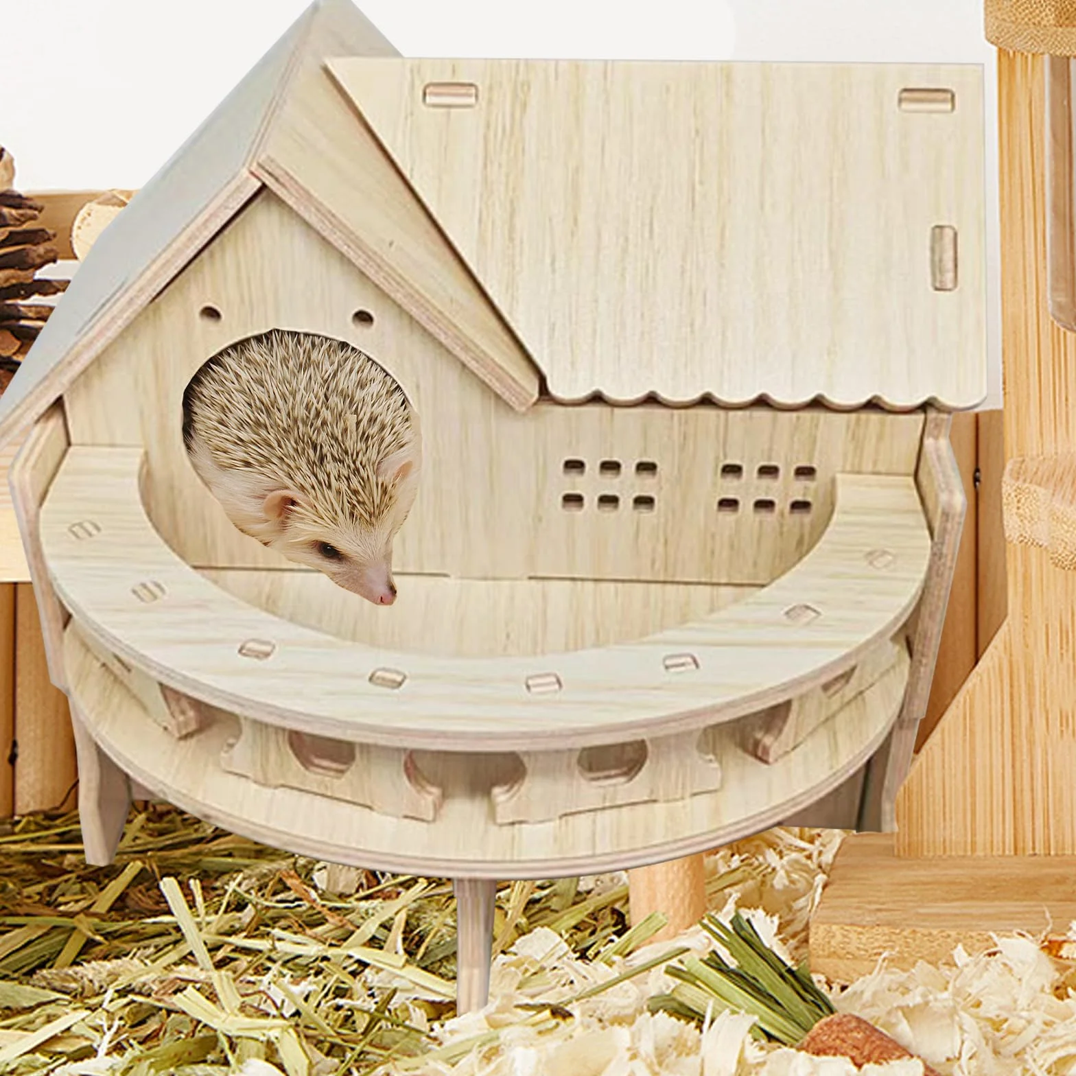 Casa para Erizos, 35 x 27 x 27 cm Casa del Erizo de Madera con Terraza Gran Casa para Erizo Desmontable con Múltiples Entradas y Salidas Redondas para Erizos o Cobayas para Refugio e Hibernación