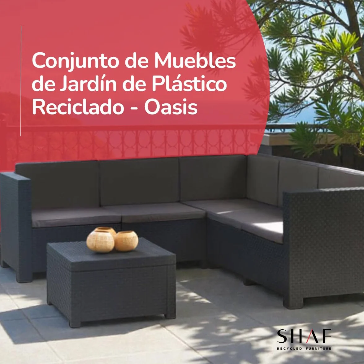SP Berner - Set de Muebles de Jardín y Terraza Oasis Color Grafito - Tres Piezas - Sofá Canapé 3 y 2 Plazas y Mesa de Centro con Almacenaje - Fabricado en España con Plástico Reciclado