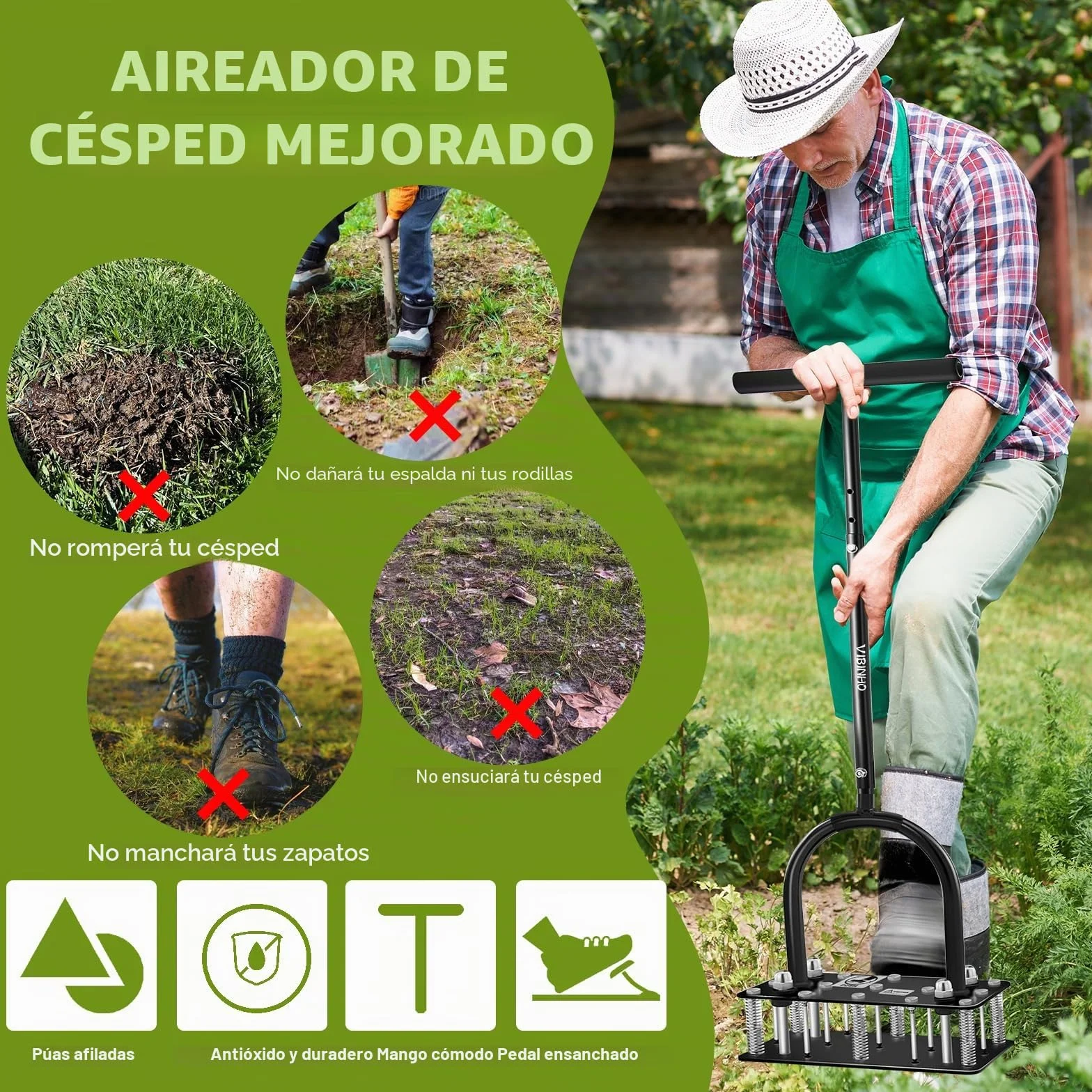 Aireador Cesped, Aireador de césped con 15 Púas de Hierro, Limpieza automática de Hojas y Suciedad, Escarificador Cesped Manual Ajustable en Altura para Cuidado del césped Patio Jardín