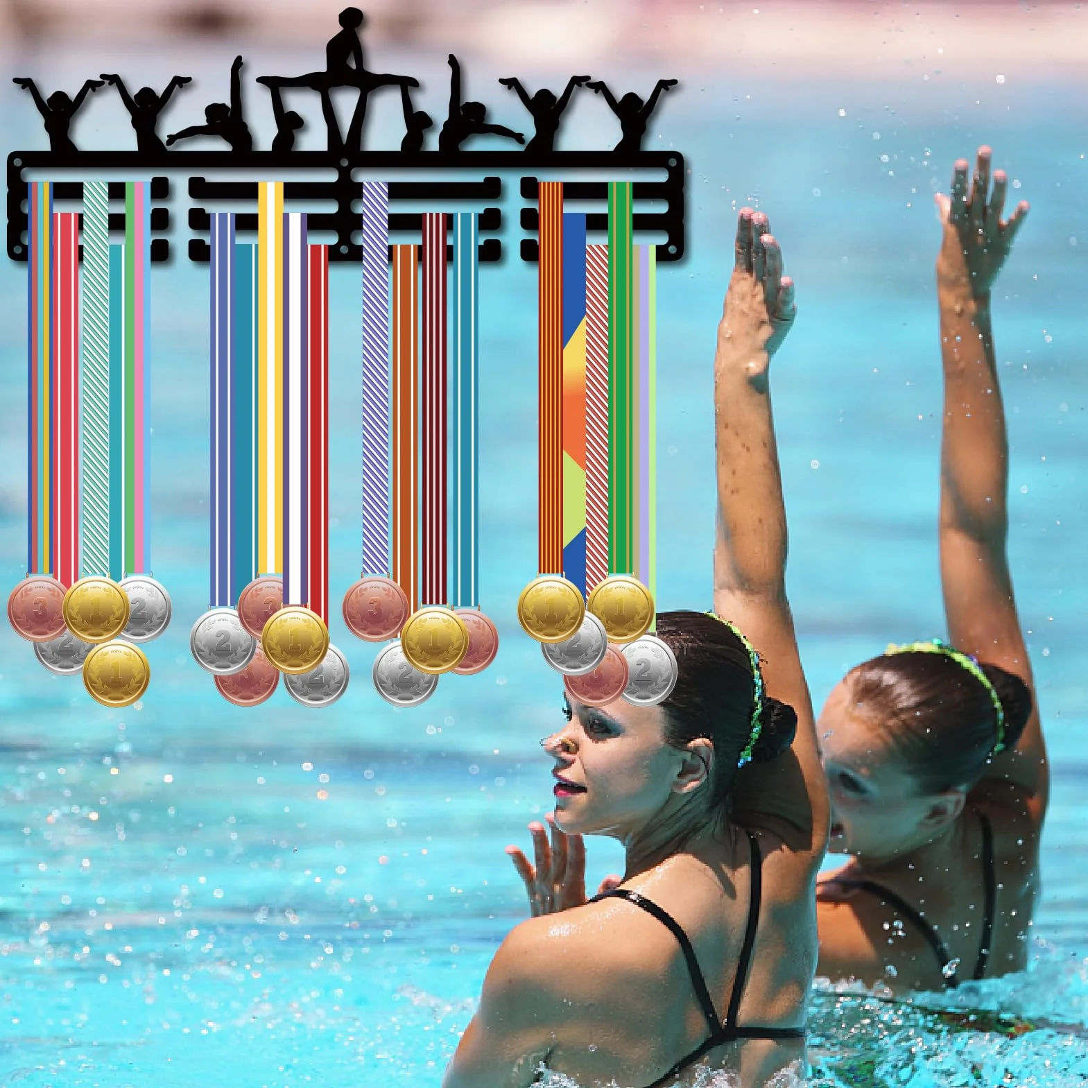CREATCABIN Soporte para Medallas de Natación Sincronizada, Colgador de Pared de Hierro, 3 Líneas con Ganchos