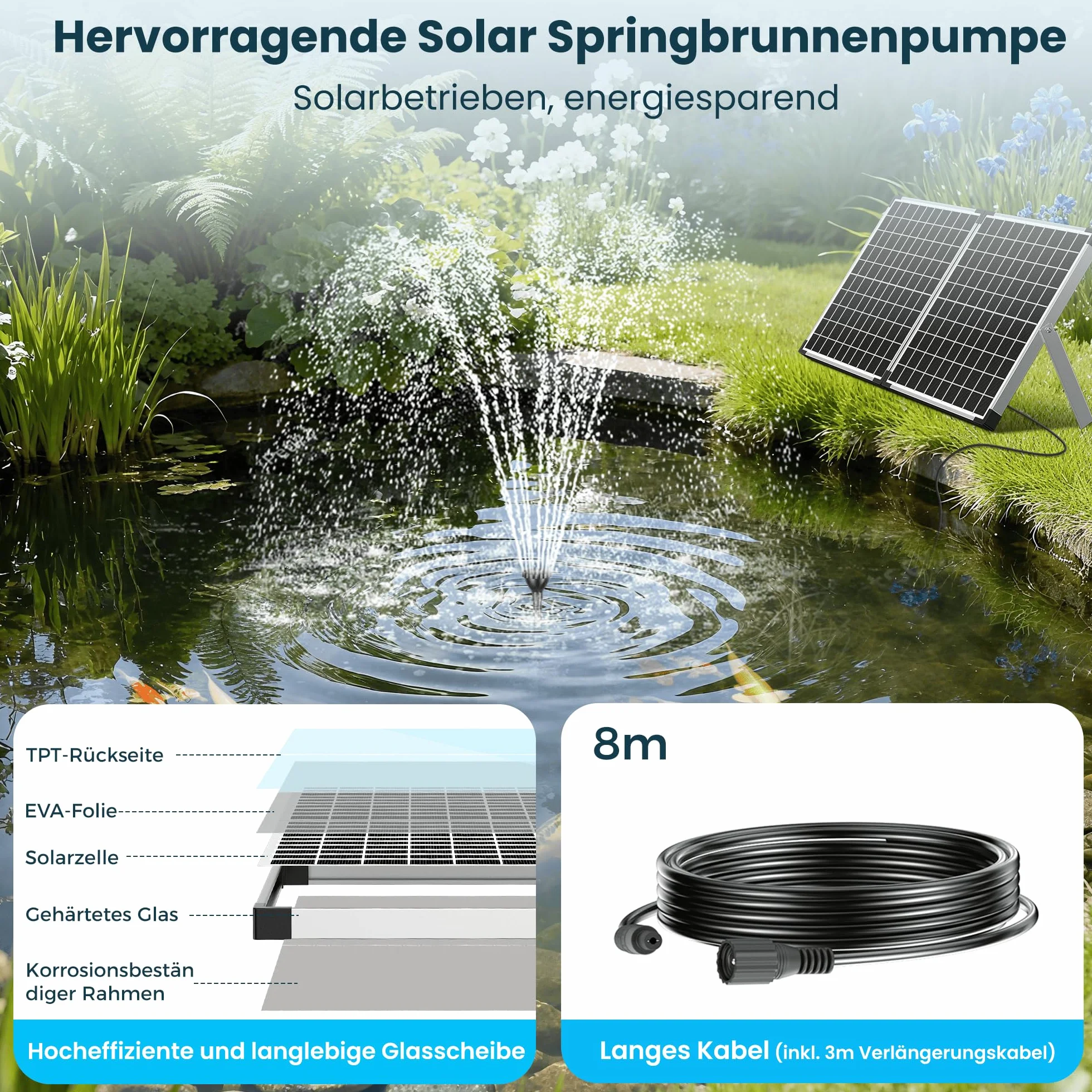 Biling Fuente solar de 50 W para exteriores con 3 boquillas, fuente solar de 2100 l/h para exteriores grandes estanques de jardín (5-20 ㎡), regulación de flujo, bomba de estanque silenciosa, bomba