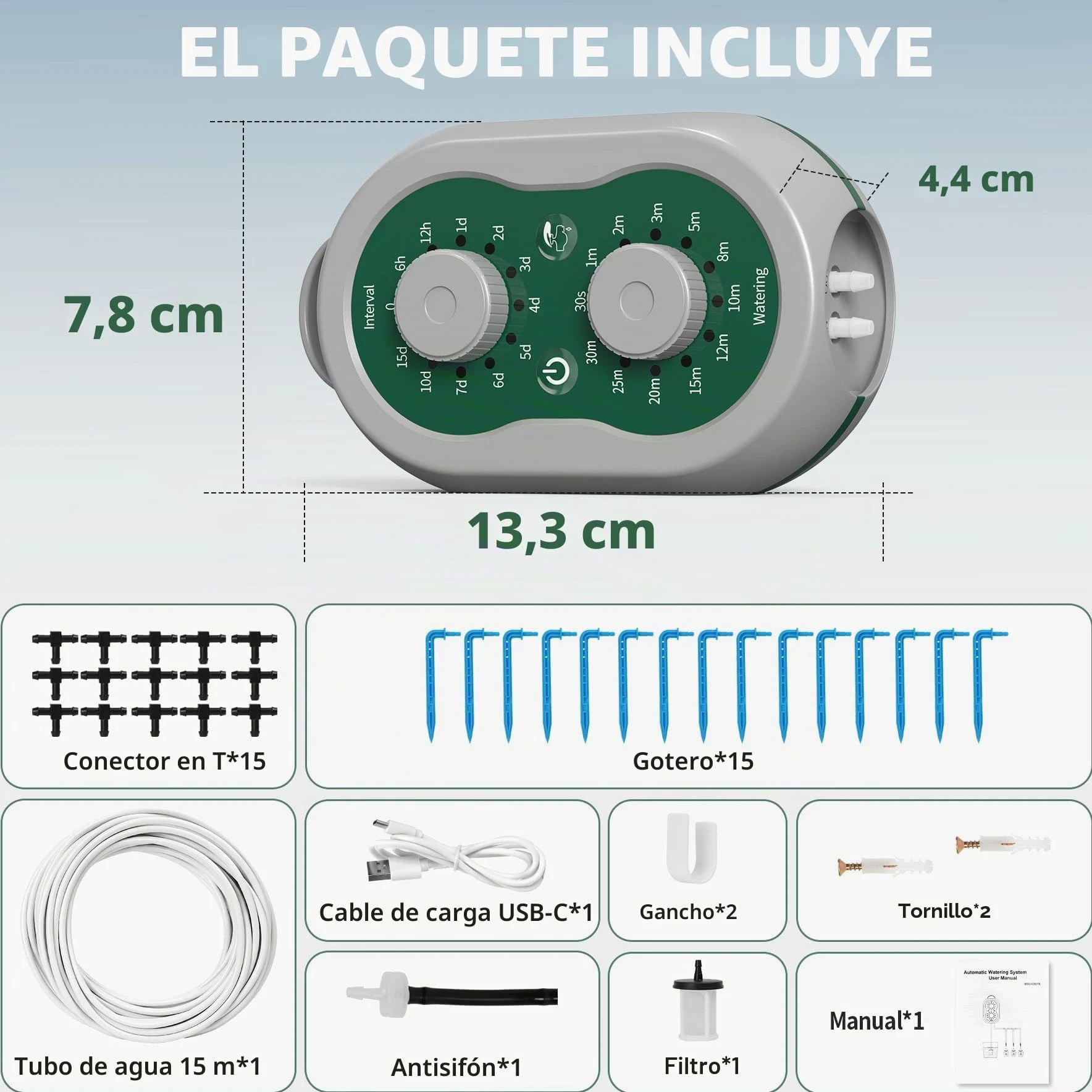 Kit Riego por Goteo Automático Recargable Sistema de Riego por Goteo 132 Modos para 15 Plantas, Sistema de Riego Automático de Plantas para Interior, Balcón, Invernadero, Jardín
