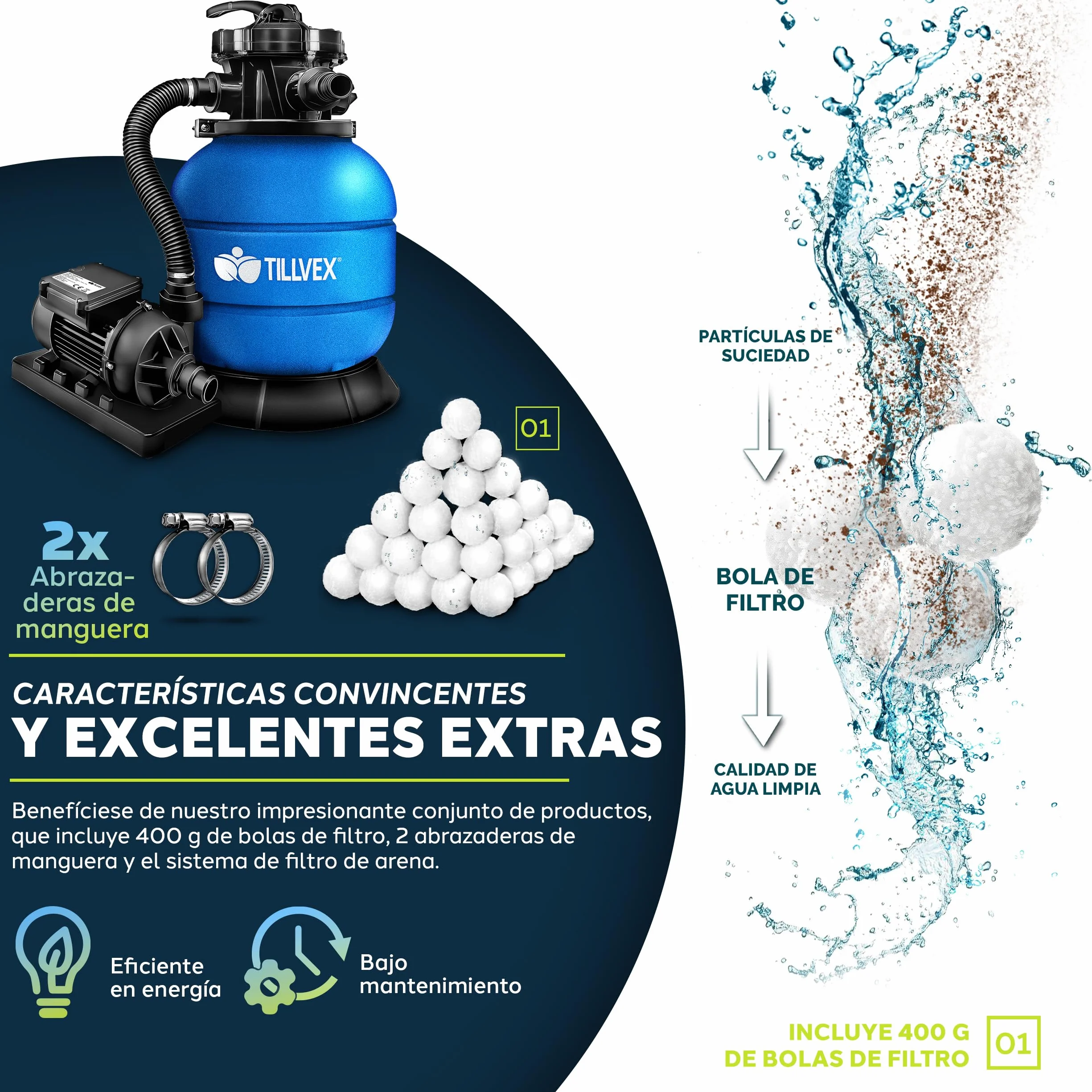 tillvex Depuradora de Agua para Piscina 7.900L/h + 400g Bolas de Filtro | 7 Funciones de Filtrado & Adaptador Ø32-38mm | Filtro de piscina con indicador de presión (Azul)